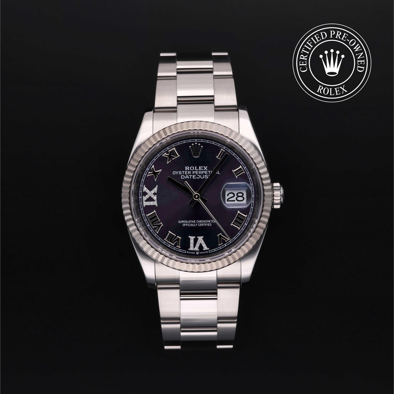 Rolex Certified Pre-owned Datejust M126234-0022 front on black background