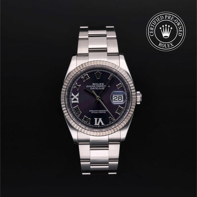 Rolex Certified Pre-owned Datejust M126234-0022 front on black background