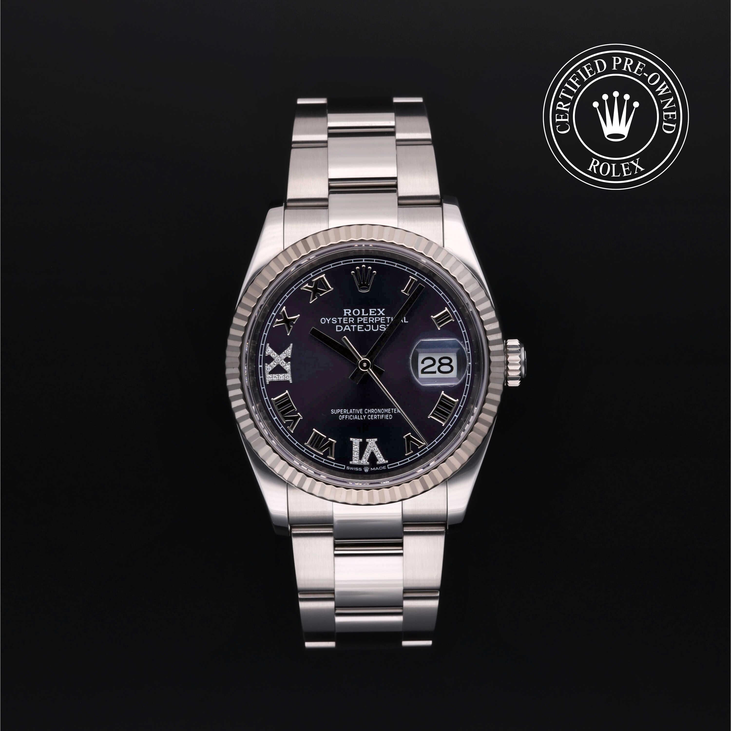 Rolex Certified Pre-owned Datejust M126234-0022 front on black background