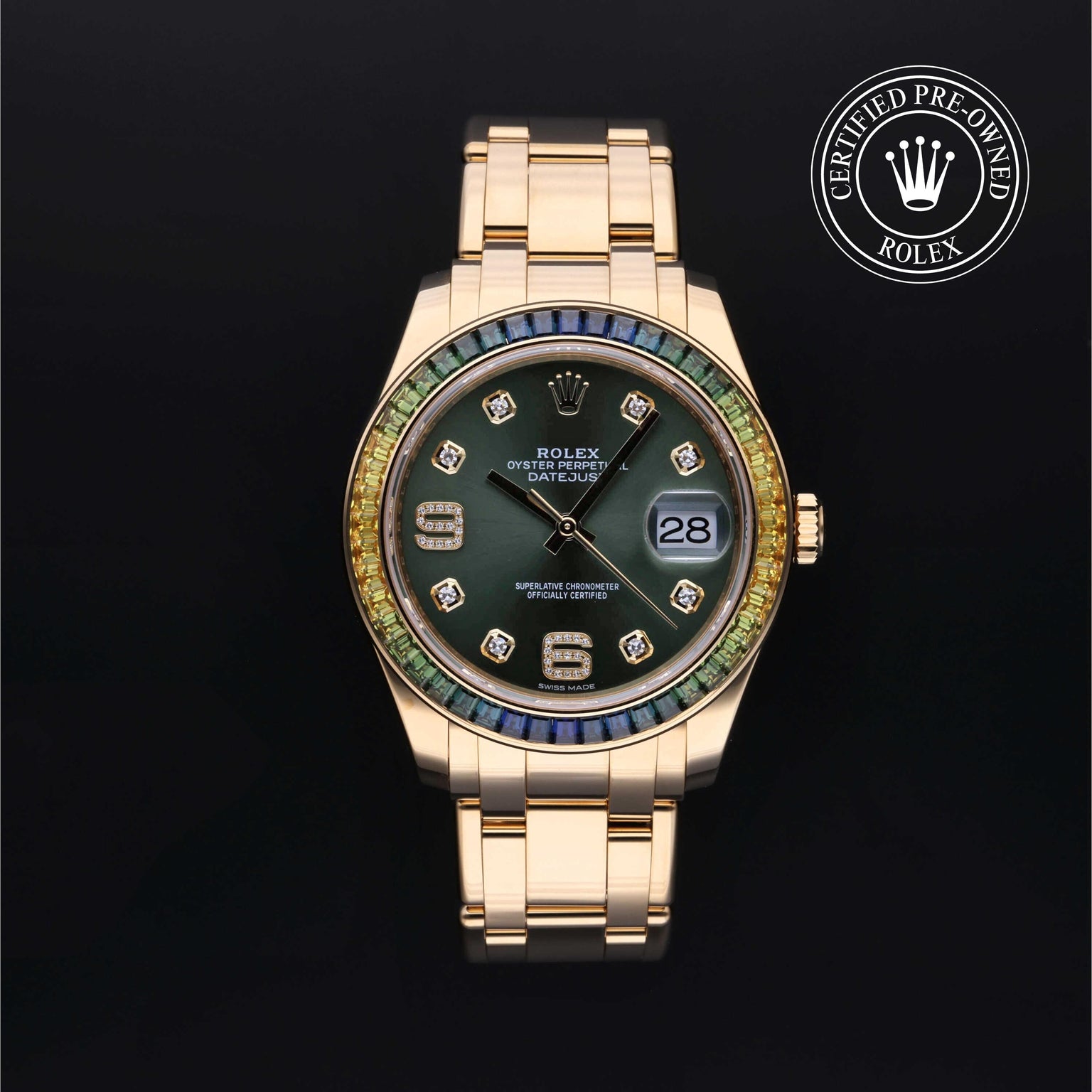 Rolex Certified Pre-owned Pearlmaster M86348SABLV-0003 front on black background