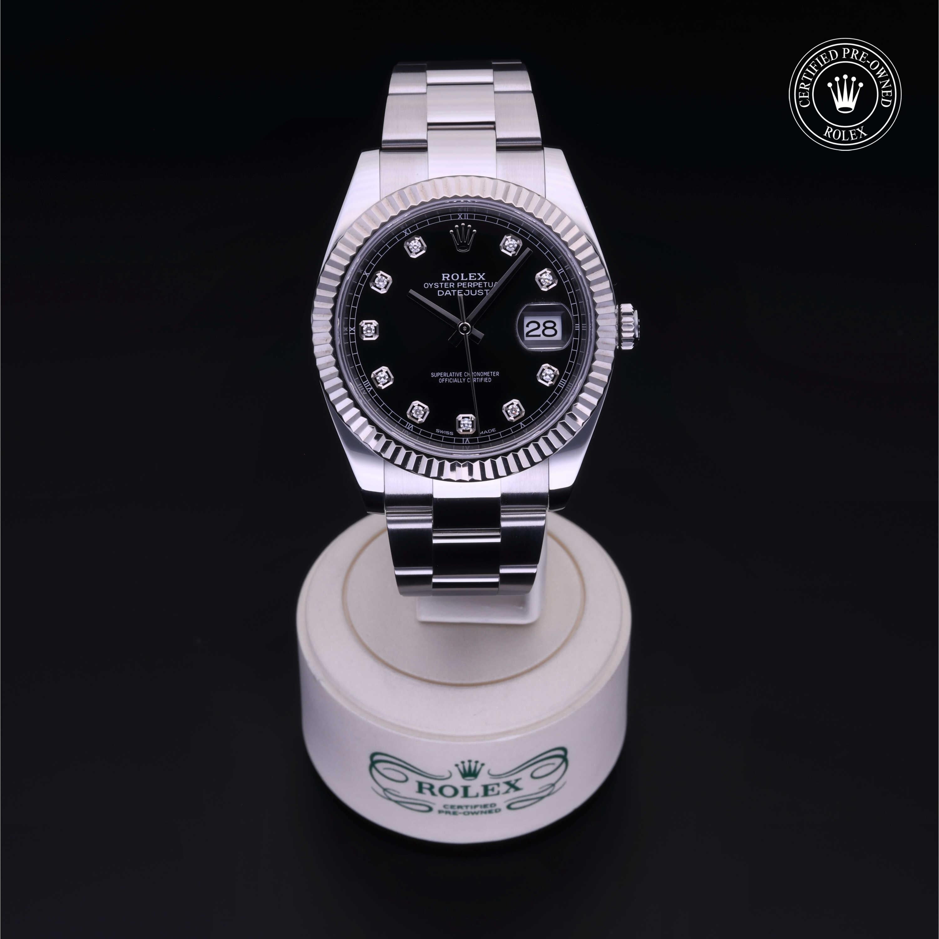Rolex Certified Pre-owned Datejust M126334-0011 front on black background
