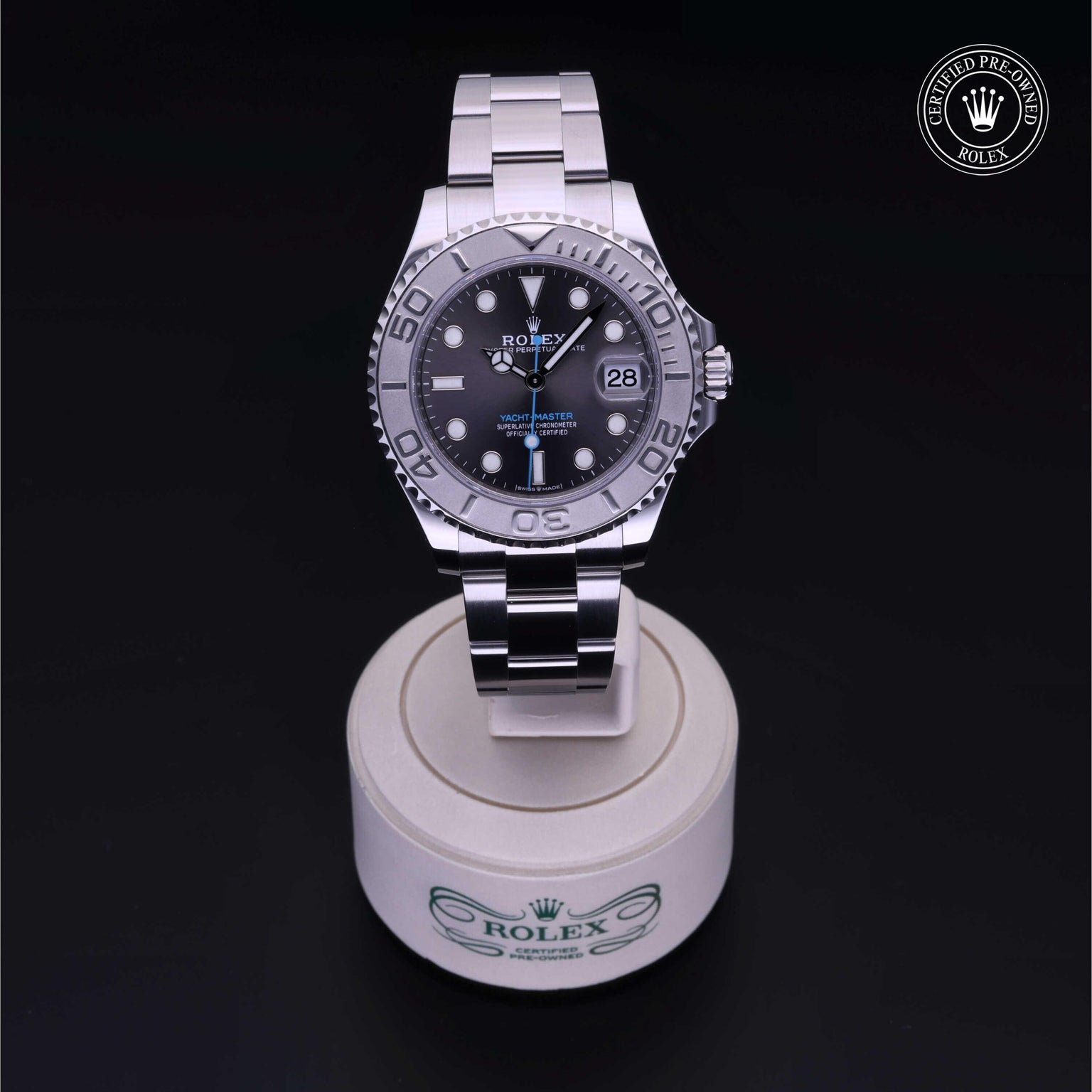 Rolex Certified Pre-owned Yacht-Master M268622-0002 front on black background