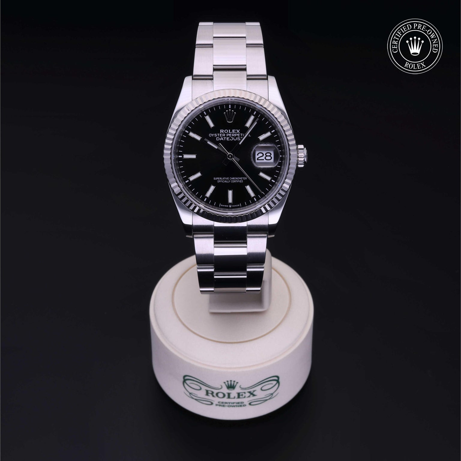 Rolex Certified Pre-owned Datejust M126234-0016 front on black background