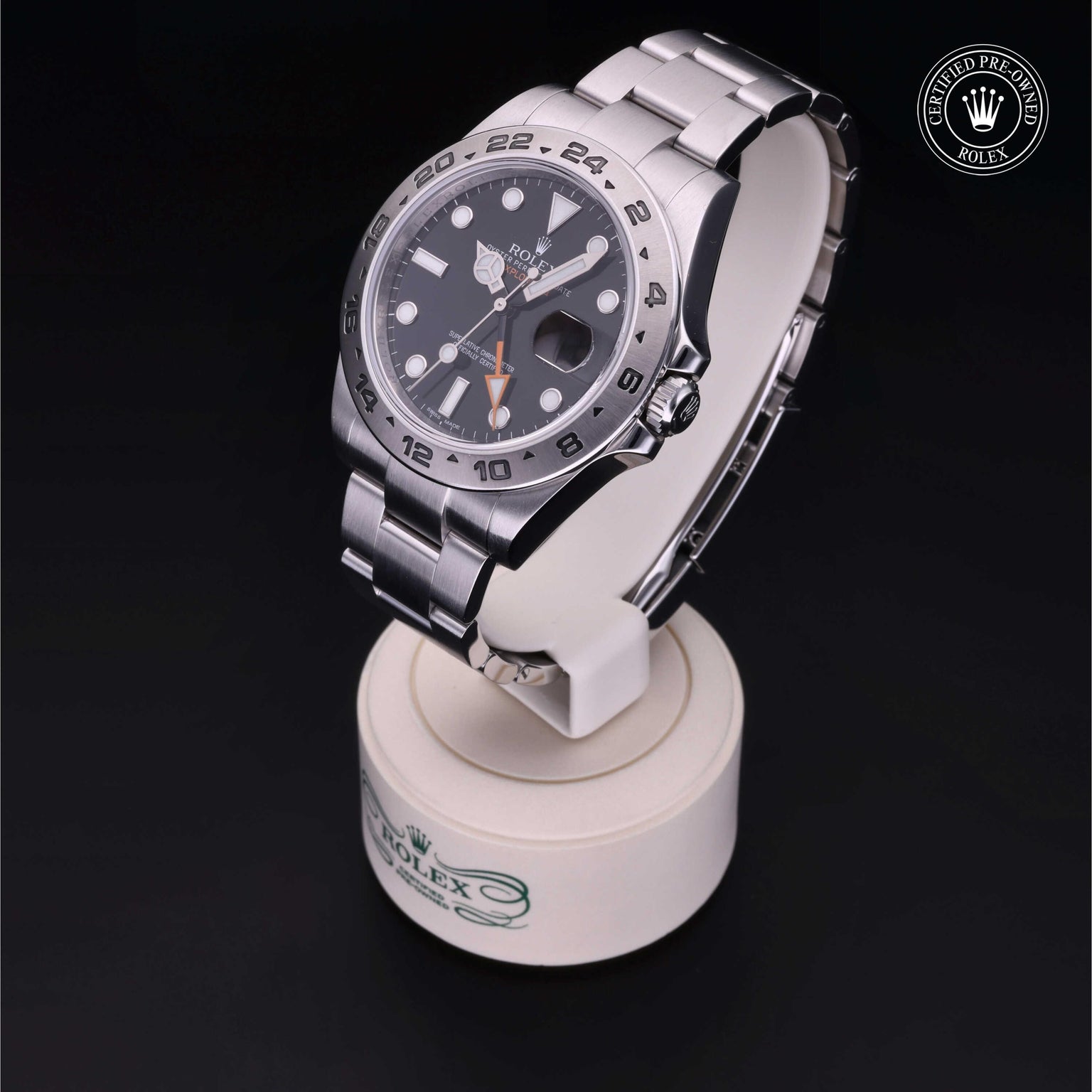 Rolex Certified Pre-owned Explorer M216570-0002 front on black background