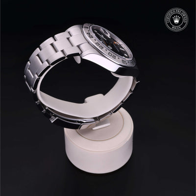 Rolex Certified Pre-owned Explorer M216570-0002 front on black background