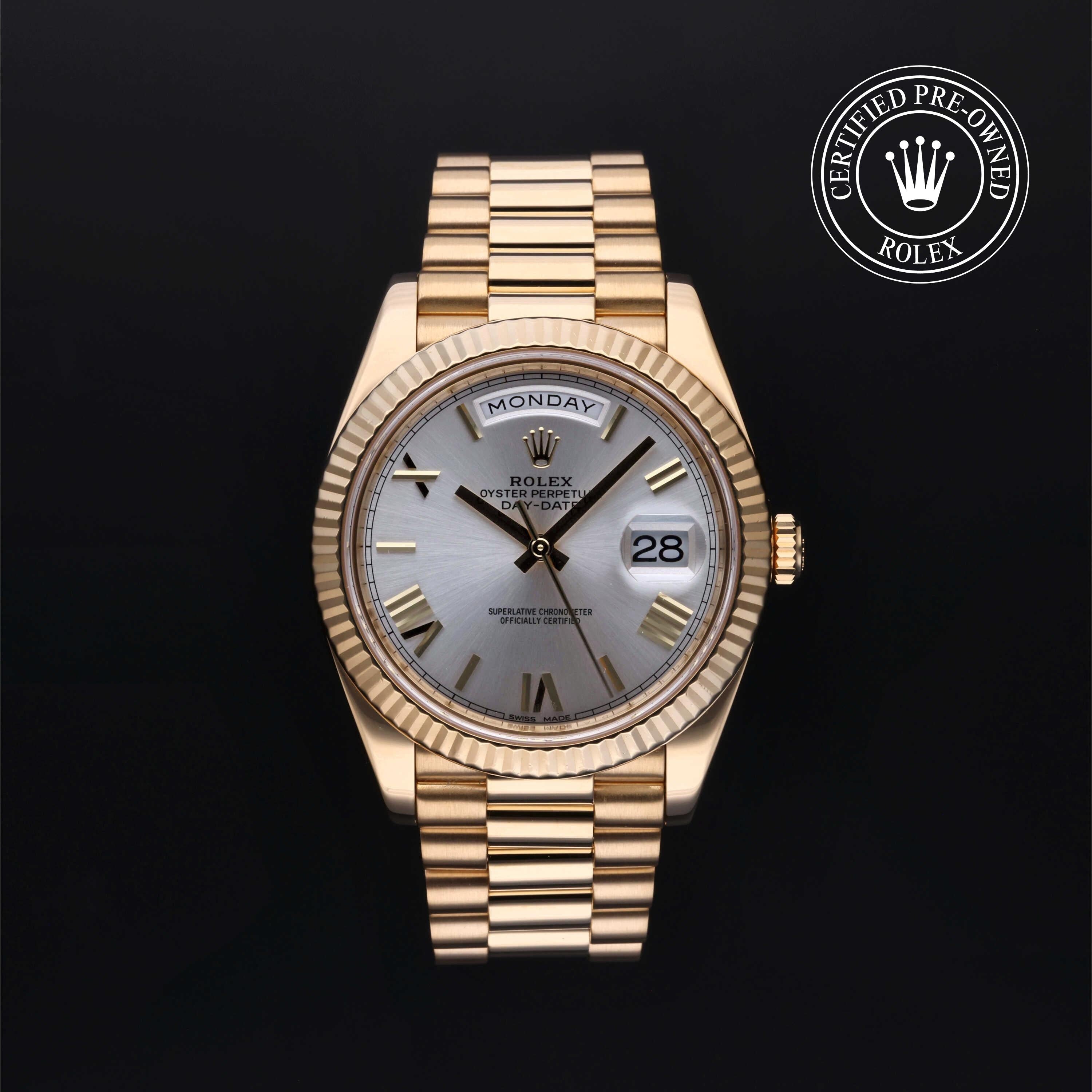 Rolex Certified Pre-owned Day-date M228238-0023 front on black background