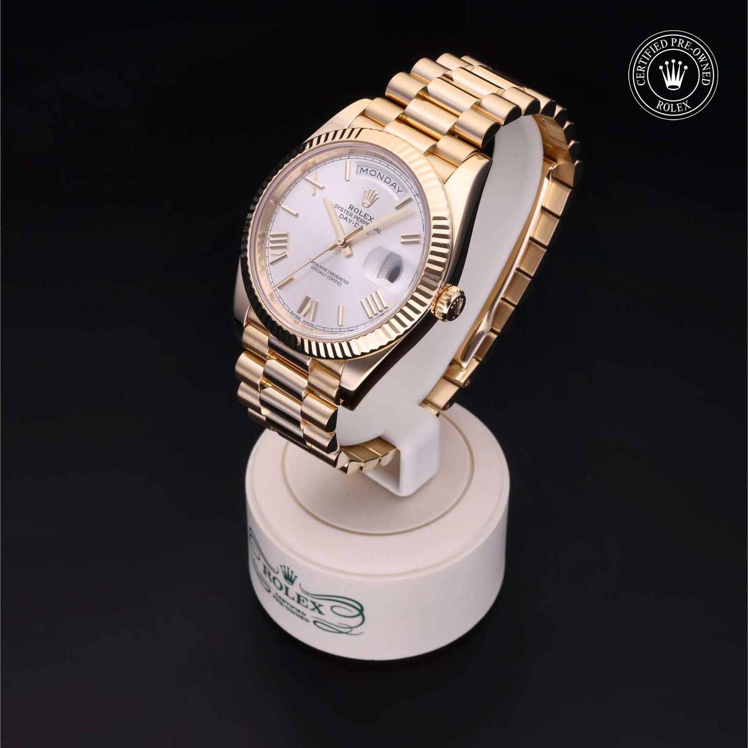 Rolex Certified Pre-owned Day-date M228238-0023 front on black background