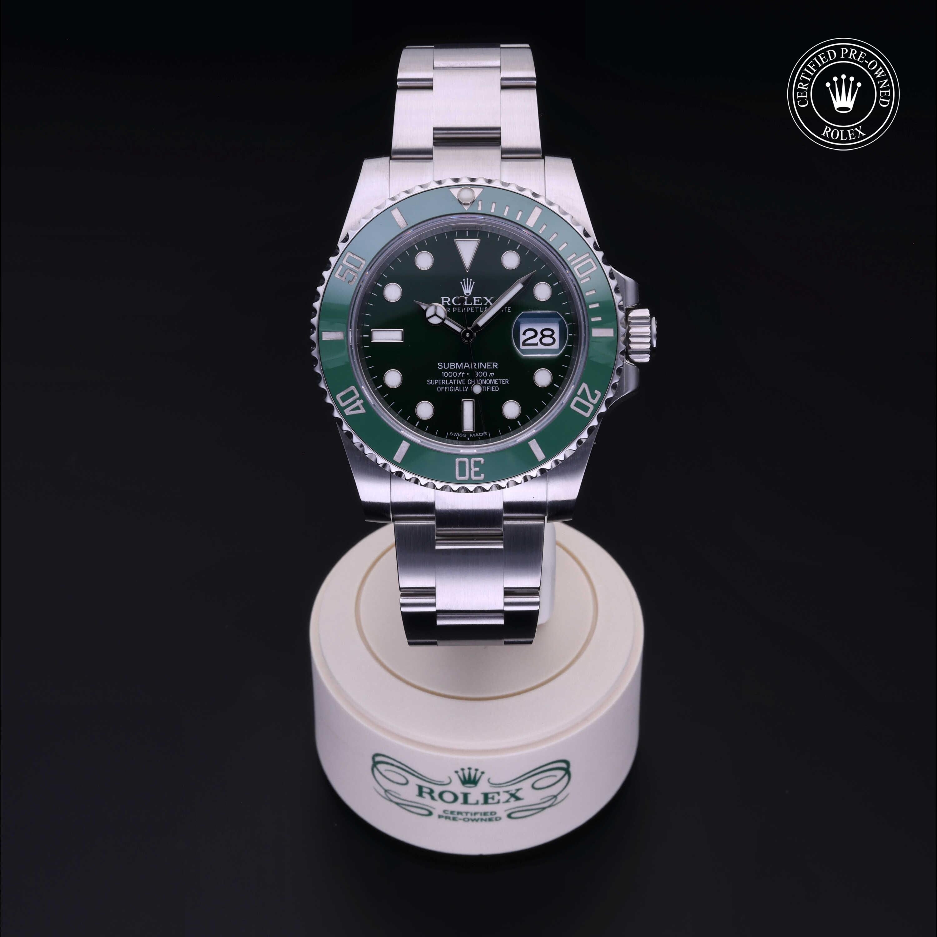Rolex Certified Pre-owned Submariner M116610LV-0002 front on black background