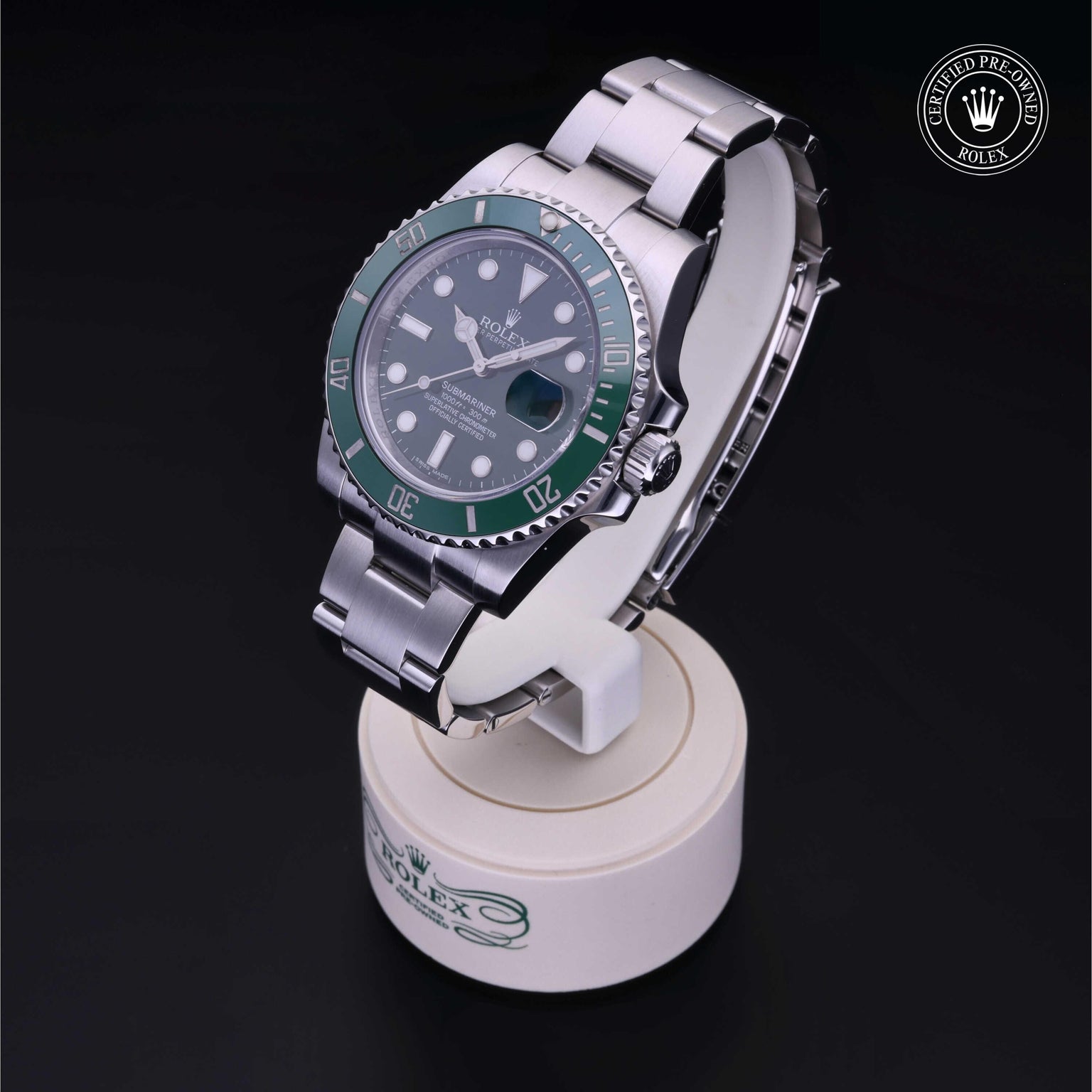 Rolex Certified Pre-owned Submariner M116610LV-0002 front on black background