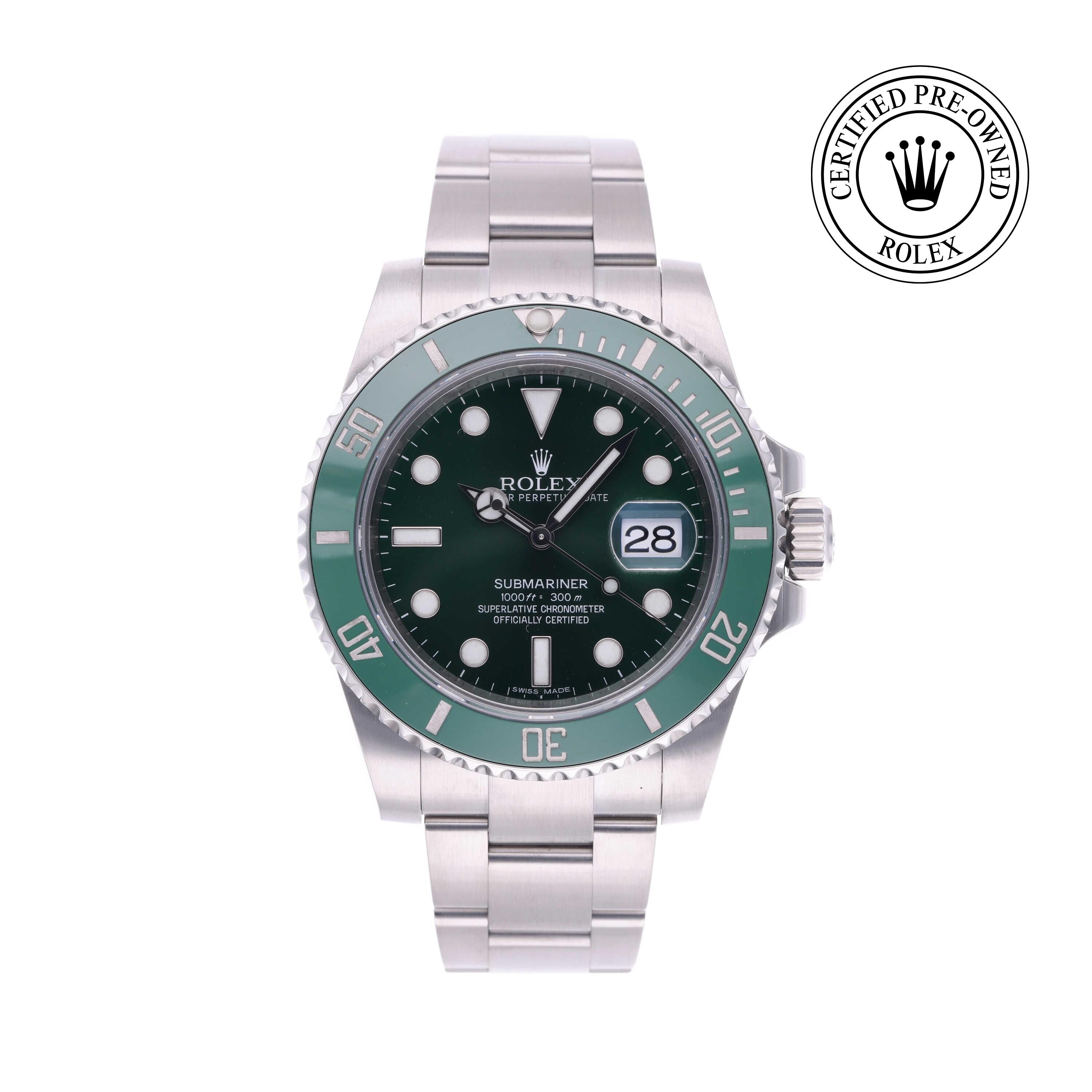 Rolex Certified Pre-owned Submariner M116610LV-0002 front on white background