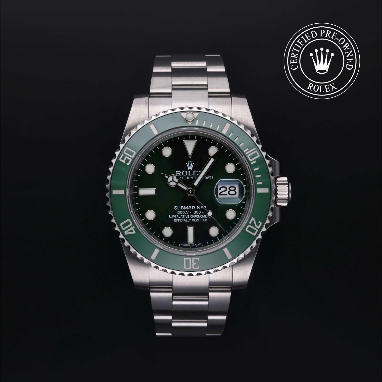 Rolex Certified Pre-owned Submariner M116610LV-0002 front on black background