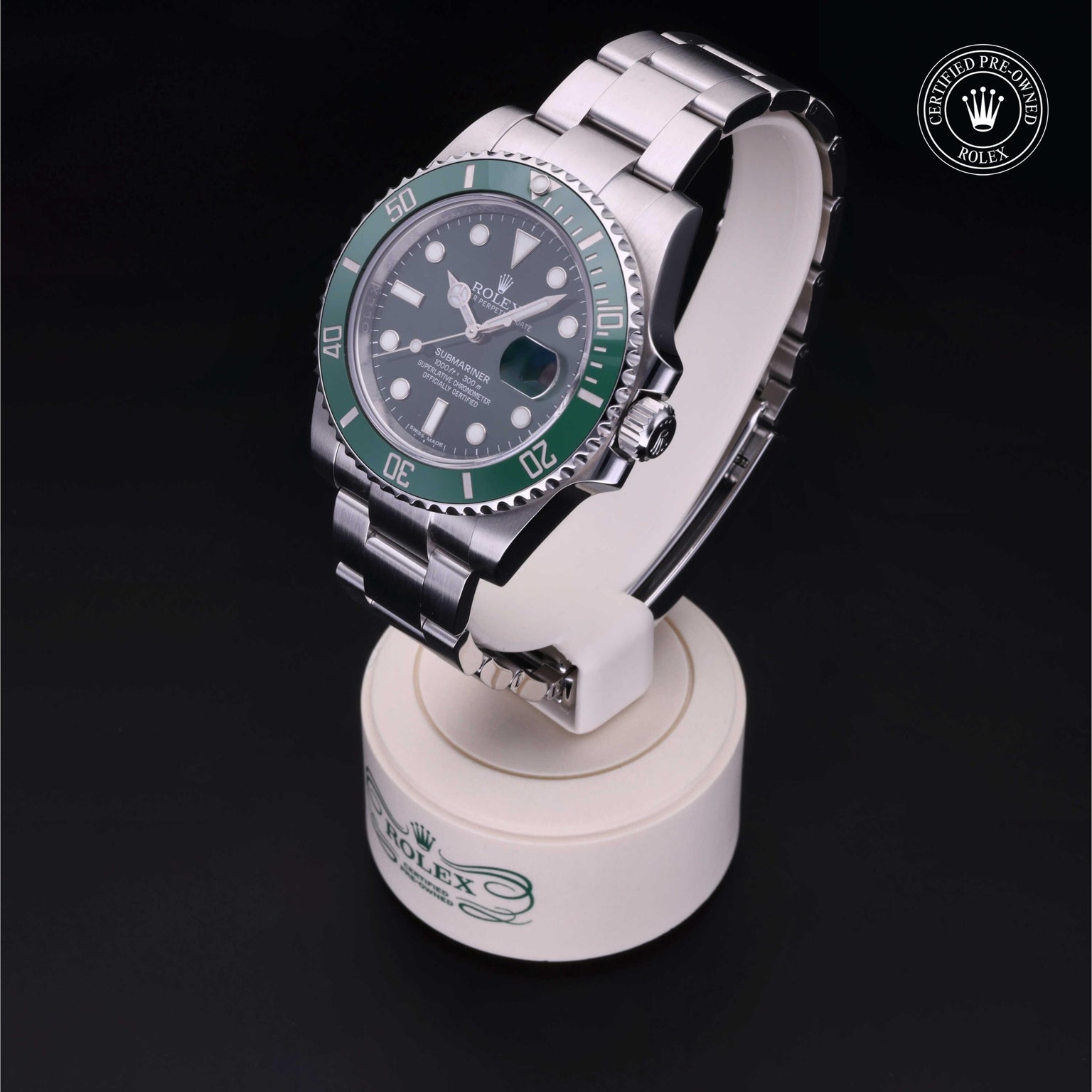 Rolex Certified Pre-owned Submariner M116610LV-0002 front on black background