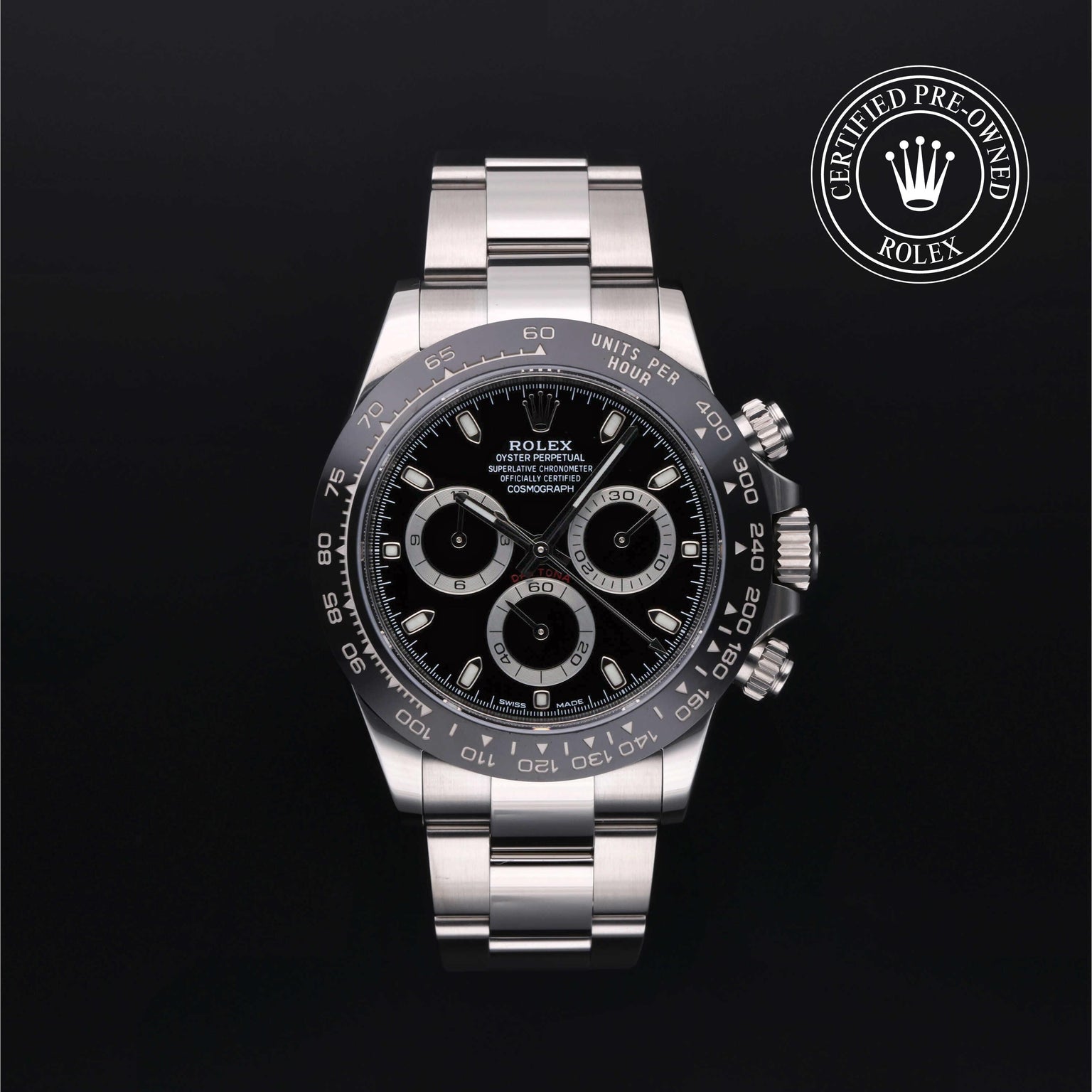 Rolex Certified Pre-owned Daytona M116500LN-0002 front on black background