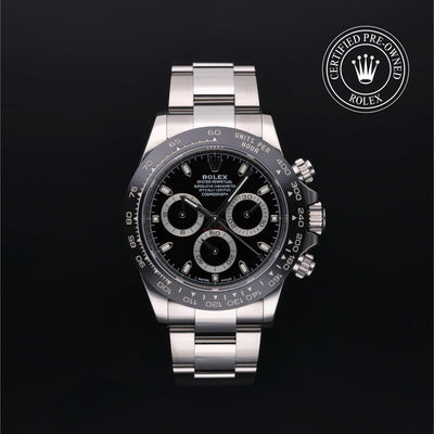 Rolex Certified Pre-owned Daytona M116500LN-0002 front on black background