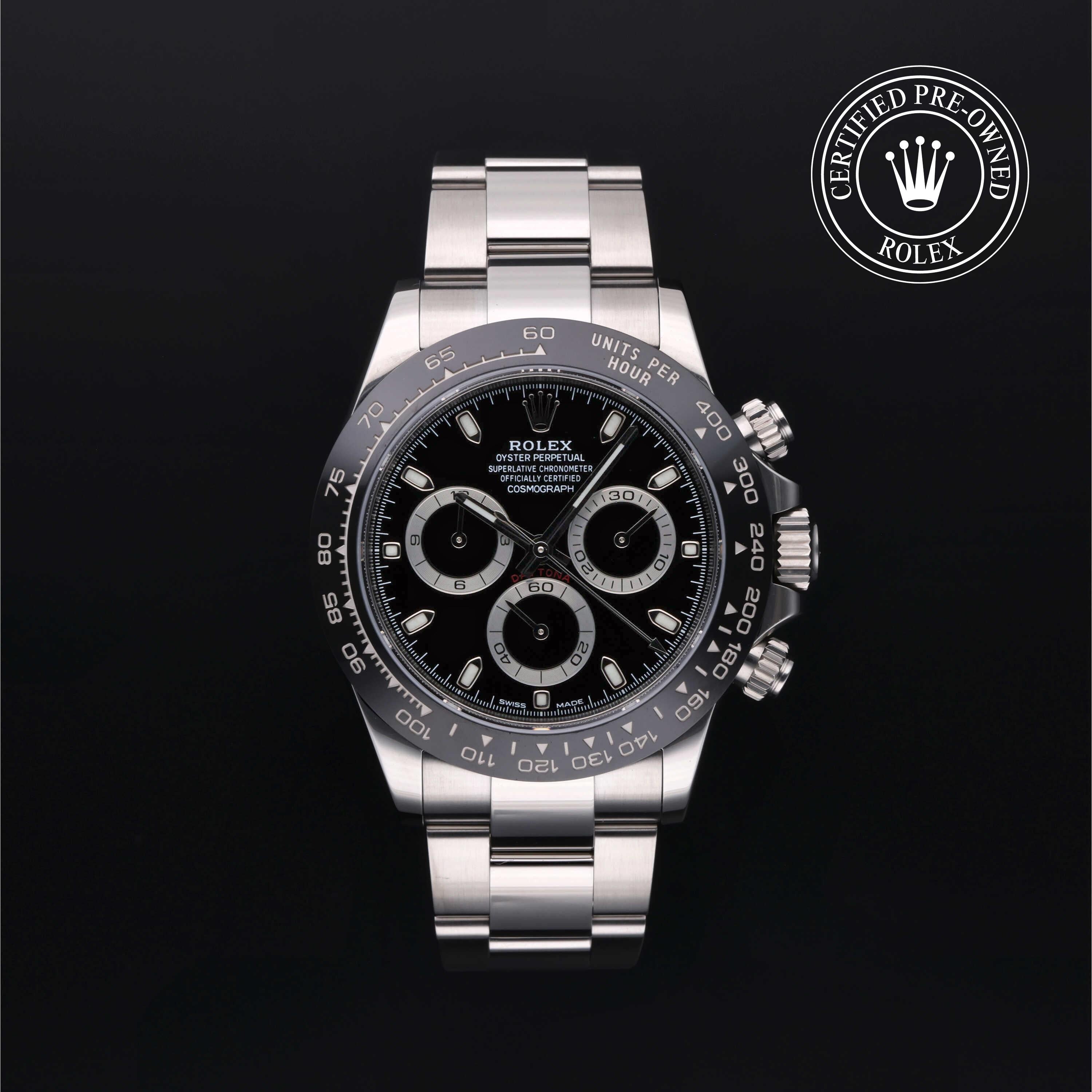 Rolex Certified Pre-owned Daytona M116500LN-0002 front on black background