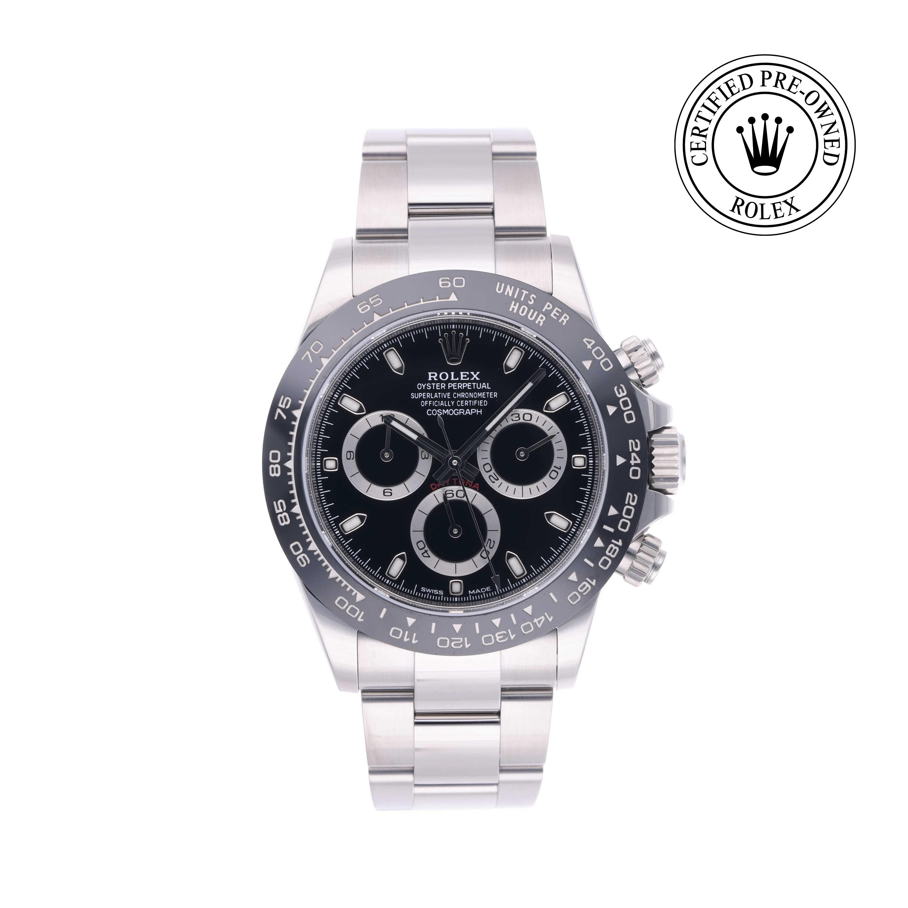 Rolex Certified Pre-owned Daytona M116500LN-0002 front on white background