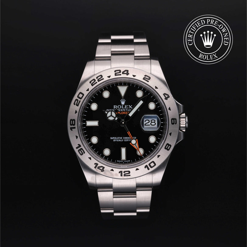 Rolex Certified Pre-owned Explorer M216570-0002 front on black background