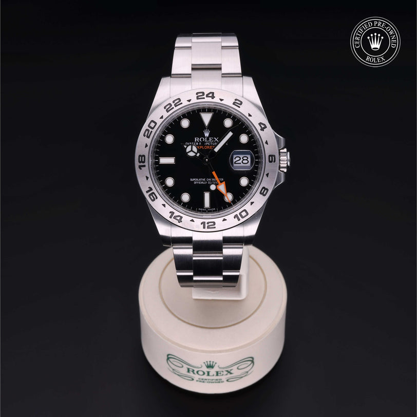 Rolex Certified Pre-owned Explorer M216570-0002 front on black background