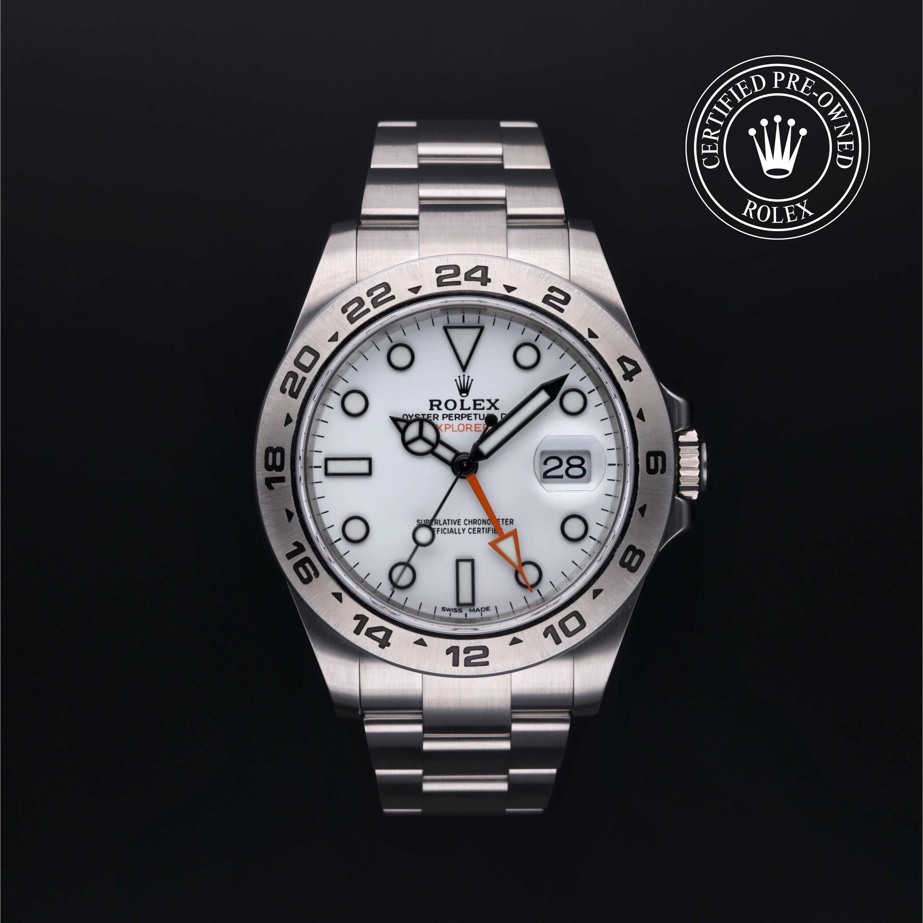 Rolex Certified Pre-owned Explorer M216570-0001 front on black background