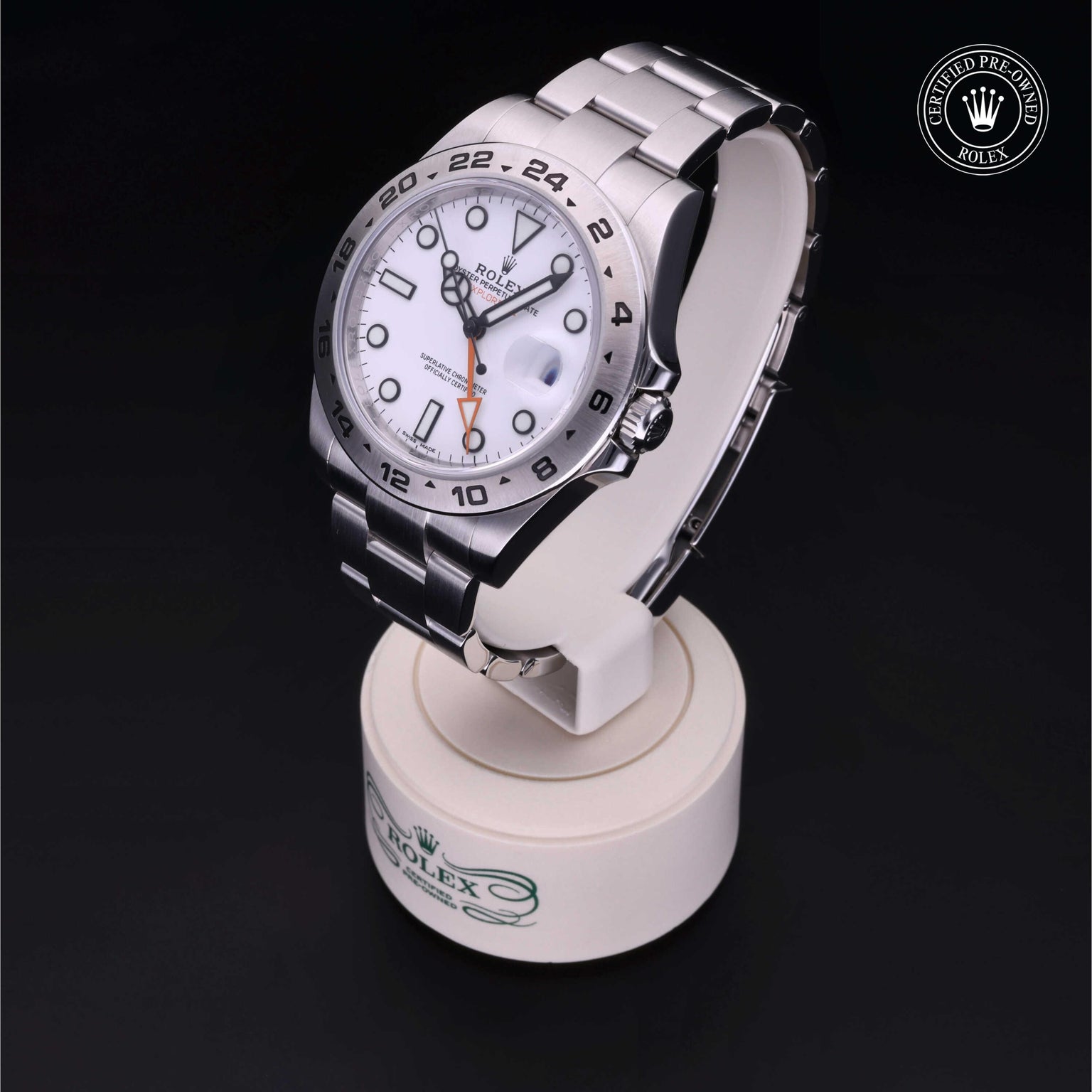 Rolex Certified Pre-owned Explorer M216570-0001 front on black background