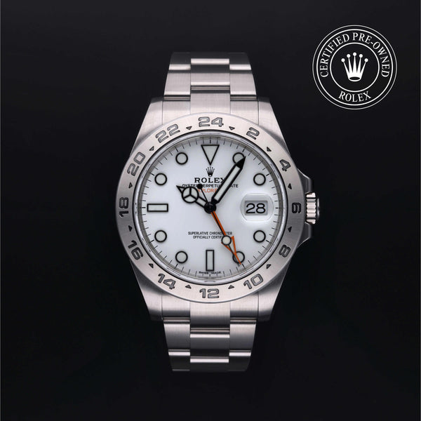 Rolex Certified Pre-owned Explorer II M216570-0001 front on black background