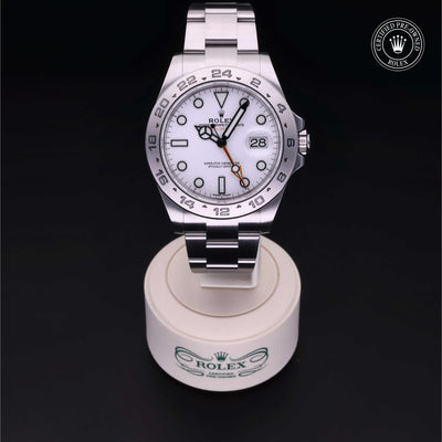 Rolex Certified Pre-owned Explorer II M216570-0001 front on black background