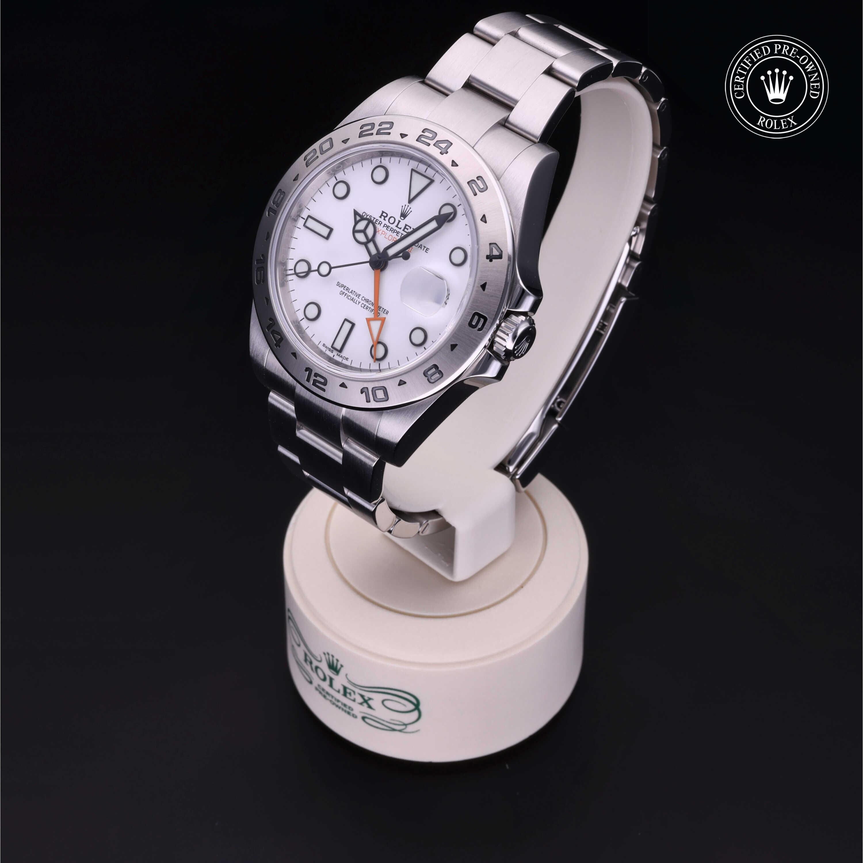 Rolex Certified Pre-owned Explorer II M216570-0001 front on black background