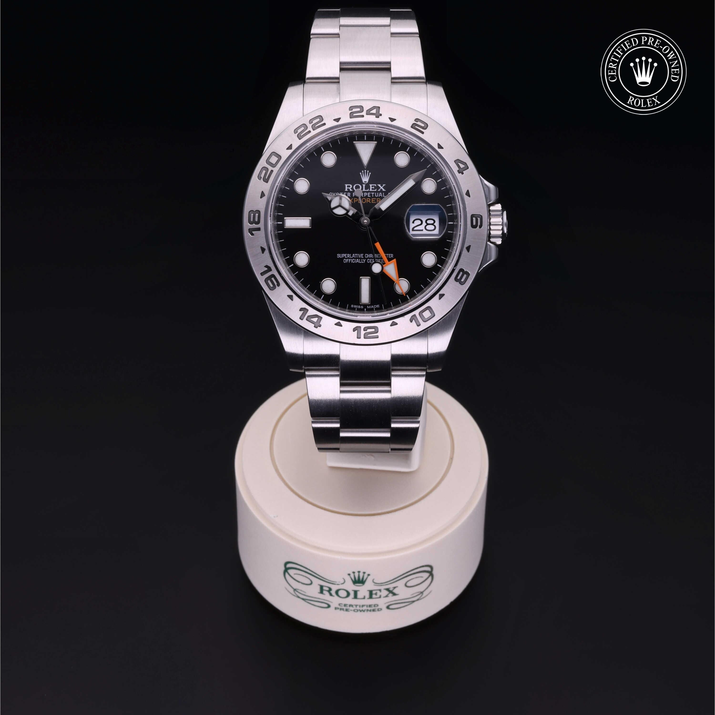 Rolex Certified Pre-owned Explorer II M216570-0002 front on black background