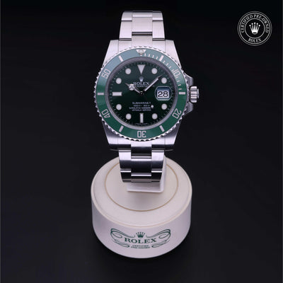 Rolex Certified Pre-owned Submariner M116610LV-0002 front on black background