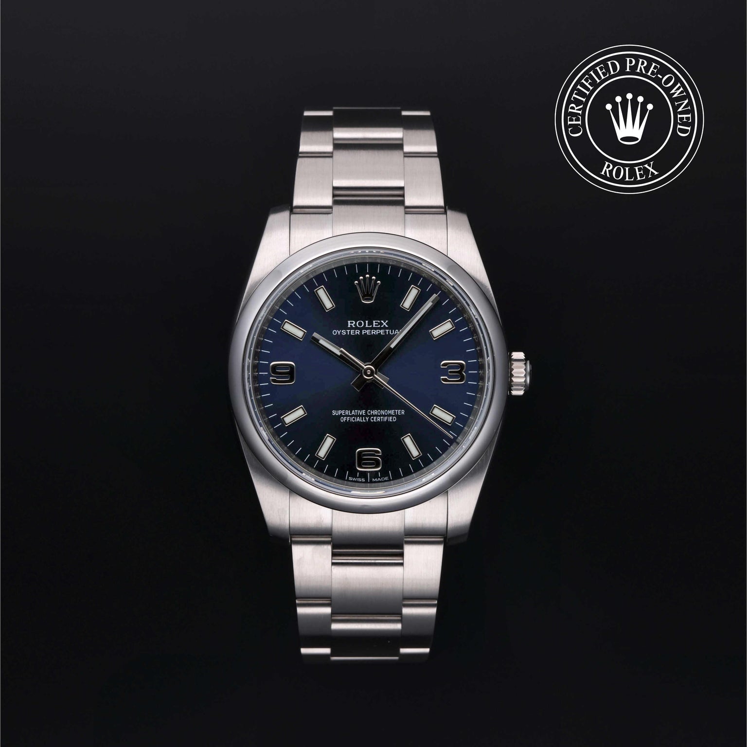 Rolex Certified Pre-owned Oyster Perpetual M114200-0014 front on black background