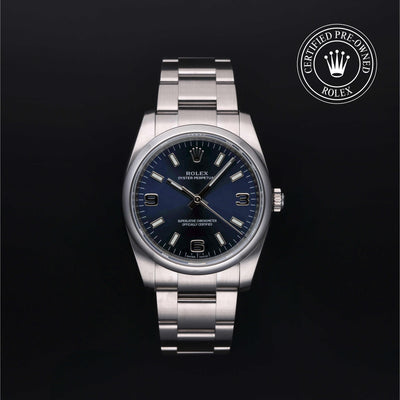 Rolex Certified Pre-owned Oyster Perpetual M114200-0014 front on black background