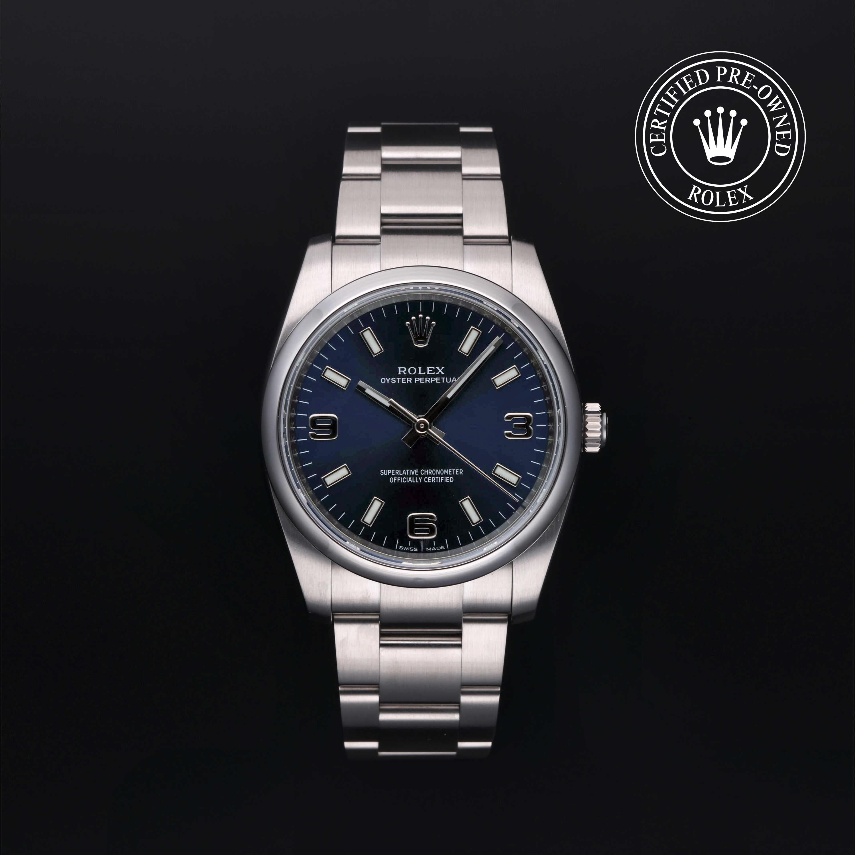 Rolex Certified Pre-owned Oyster Perpetual M114200-0014 front on black background