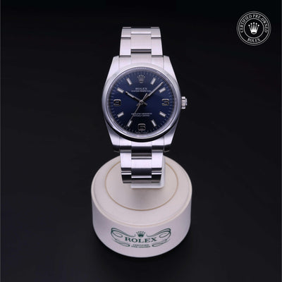 Rolex Certified Pre-owned Oyster Perpetual M114200-0014 front on black background
