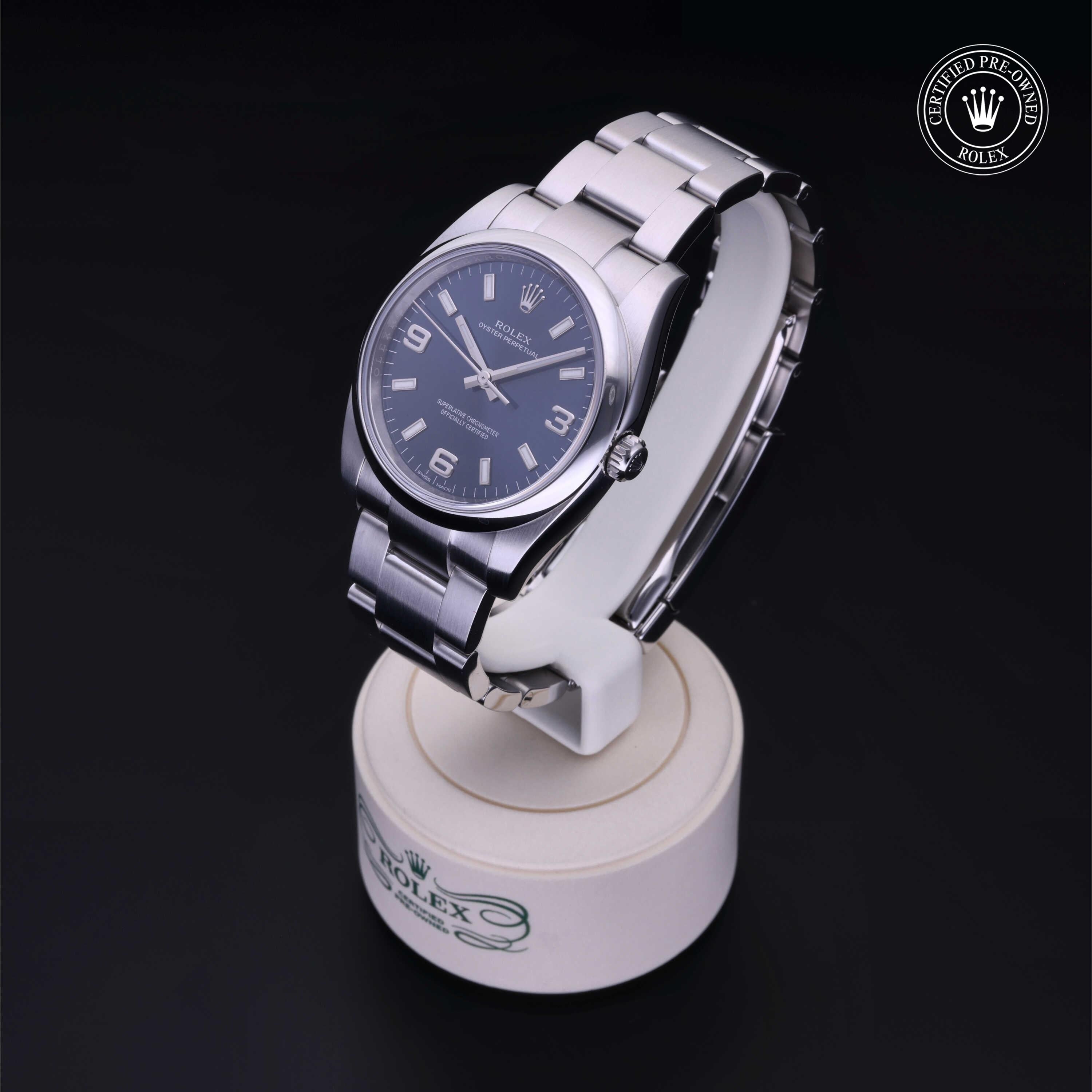 Rolex Certified Pre-owned Oyster Perpetual M114200-0014 front on black background