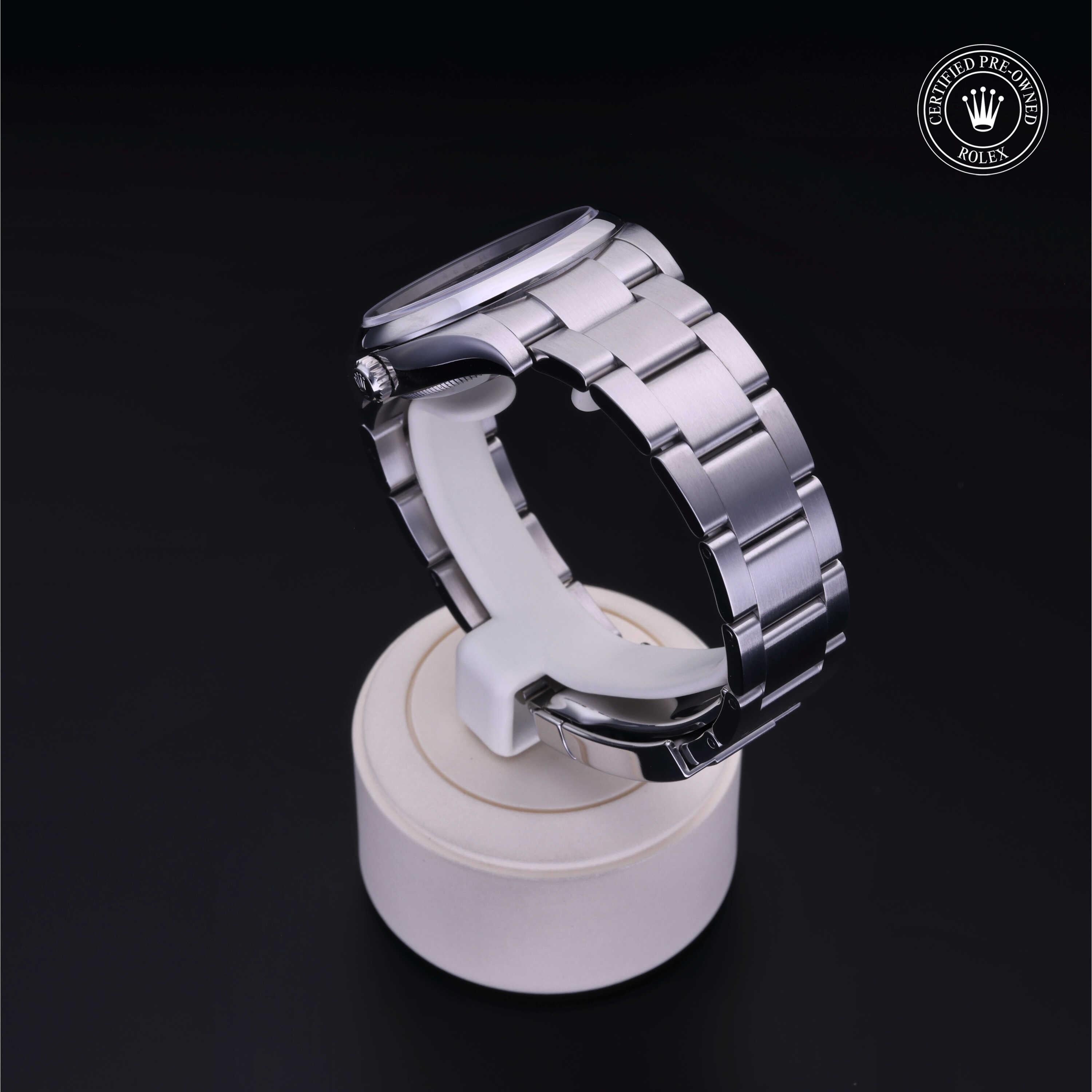 Rolex Certified Pre-owned Oyster Perpetual M114200-0014 front on black background