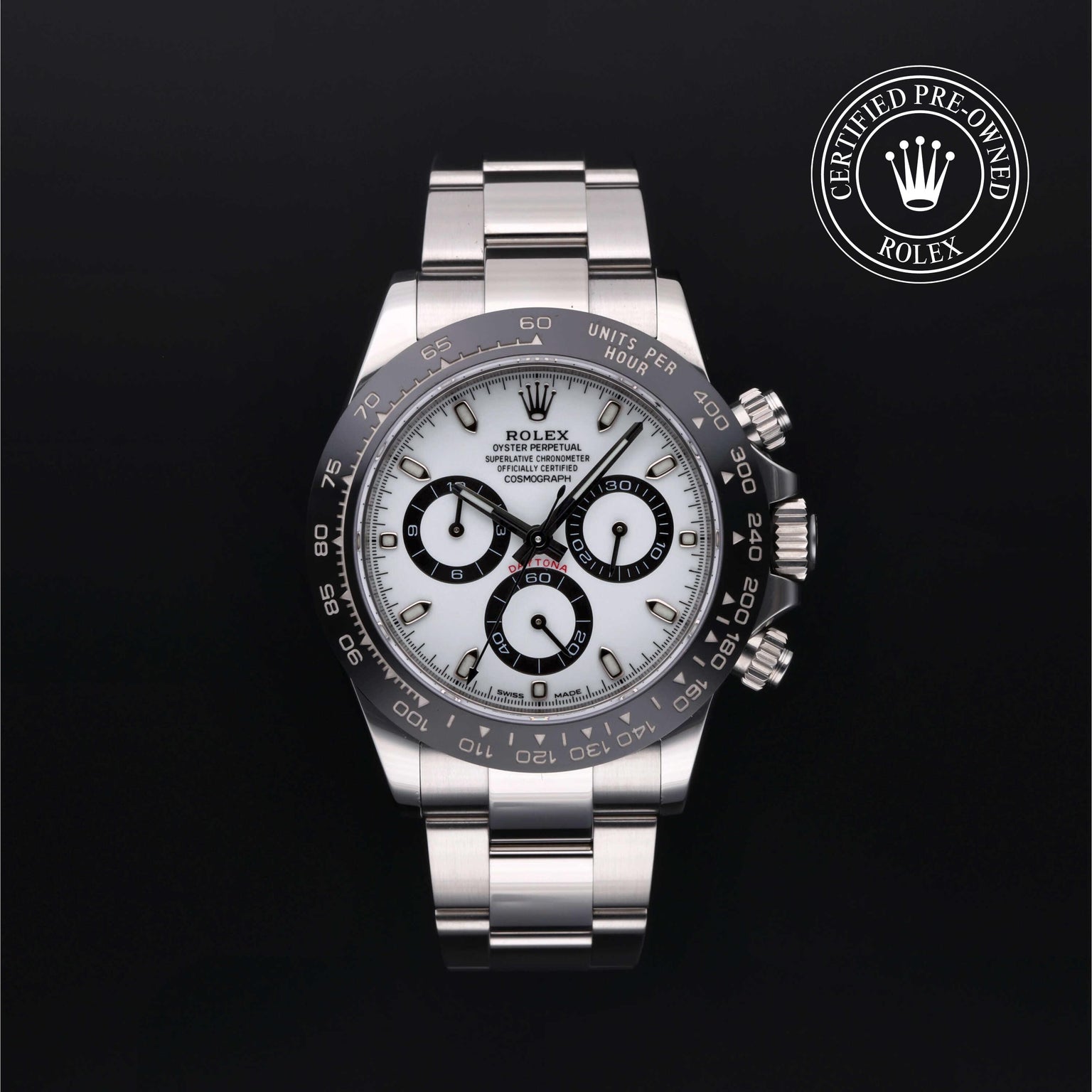 Rolex Certified Pre-owned Daytona M116500LN-0001 front on black background