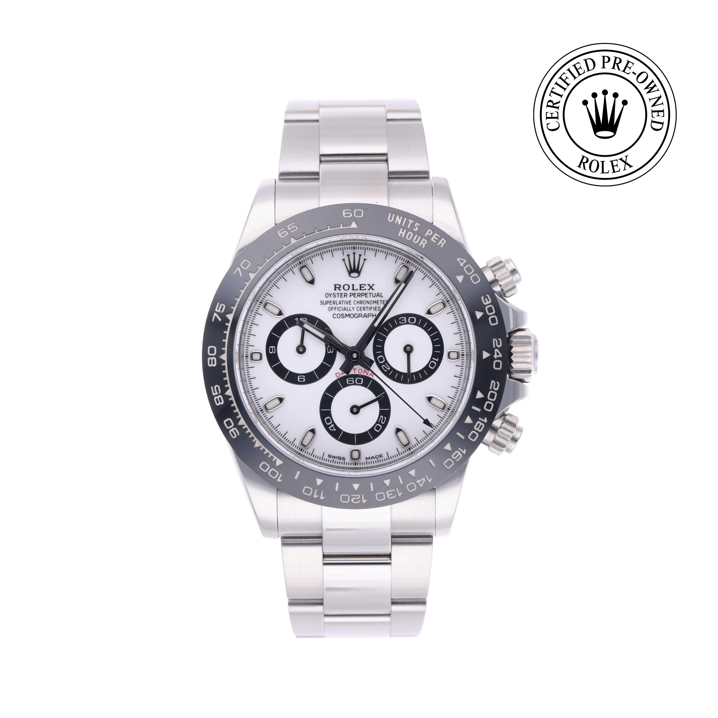 Rolex Certified Pre-owned Daytona M116500LN-0001 front on white background