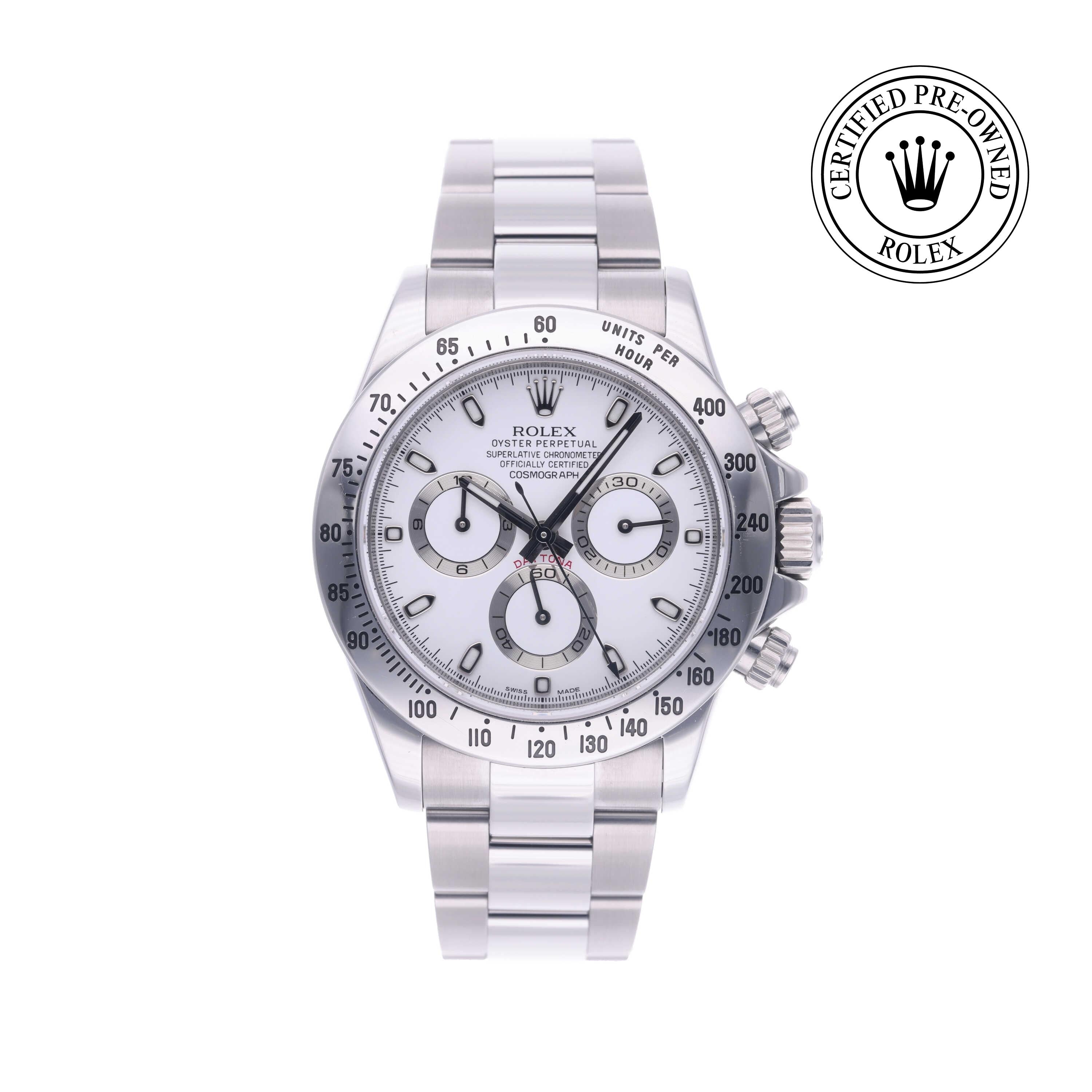 Rolex Certified Pre-owned Daytona M116520-0016 front on white background