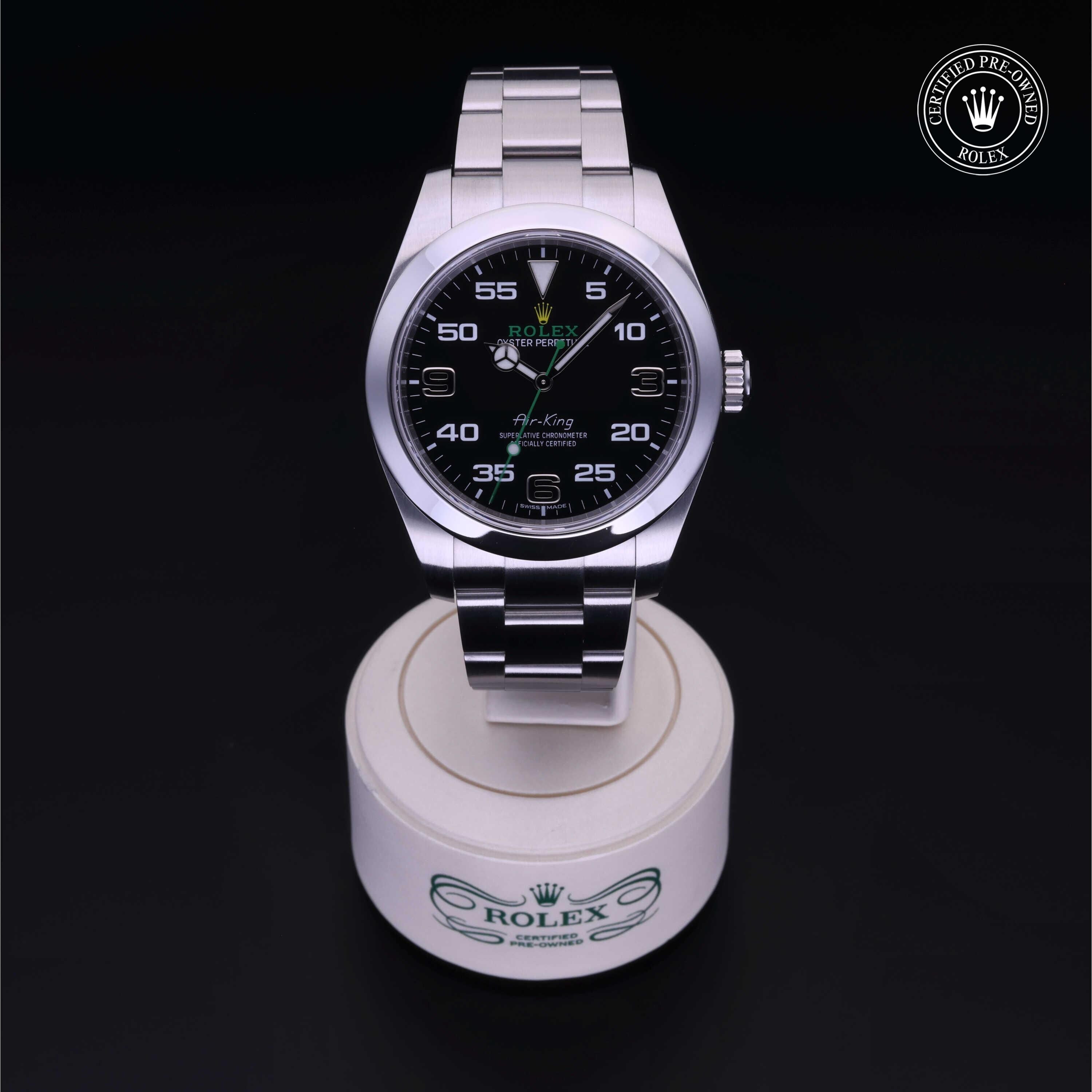 Rolex Certified Pre-owned Air-King M116900-0001 front on black background