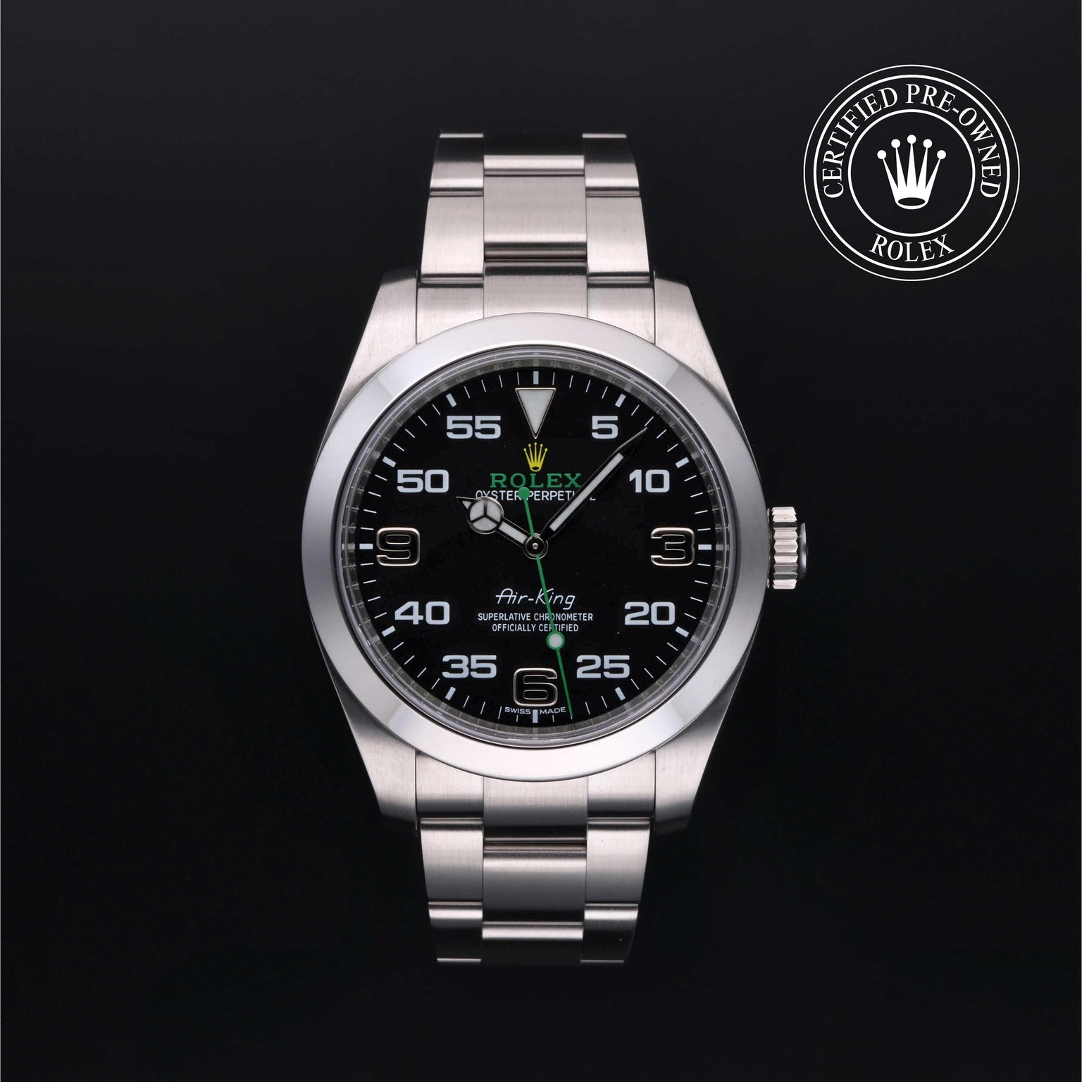 Rolex Certified Pre-owned Air-King M116900-0001 front on black background