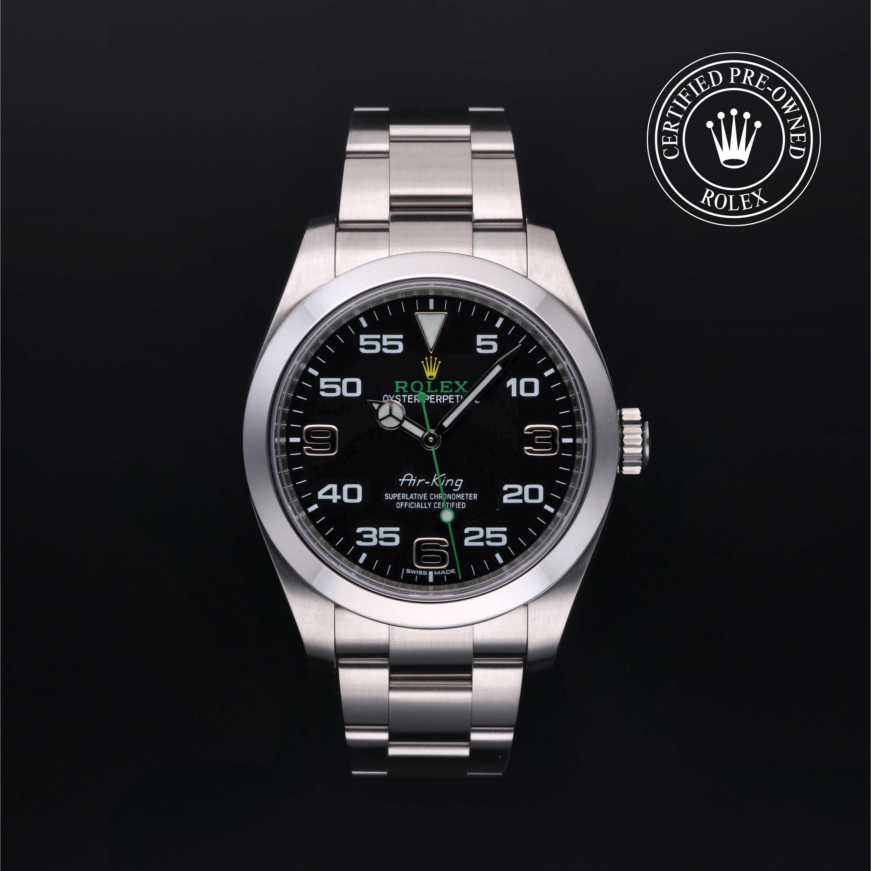 Rolex Certified Pre-owned Air-King M116900-0001 front on black background