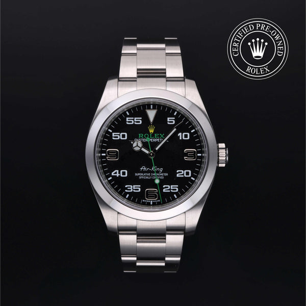 Rolex Certified Pre-owned Air-King M116900-0001 front on black background