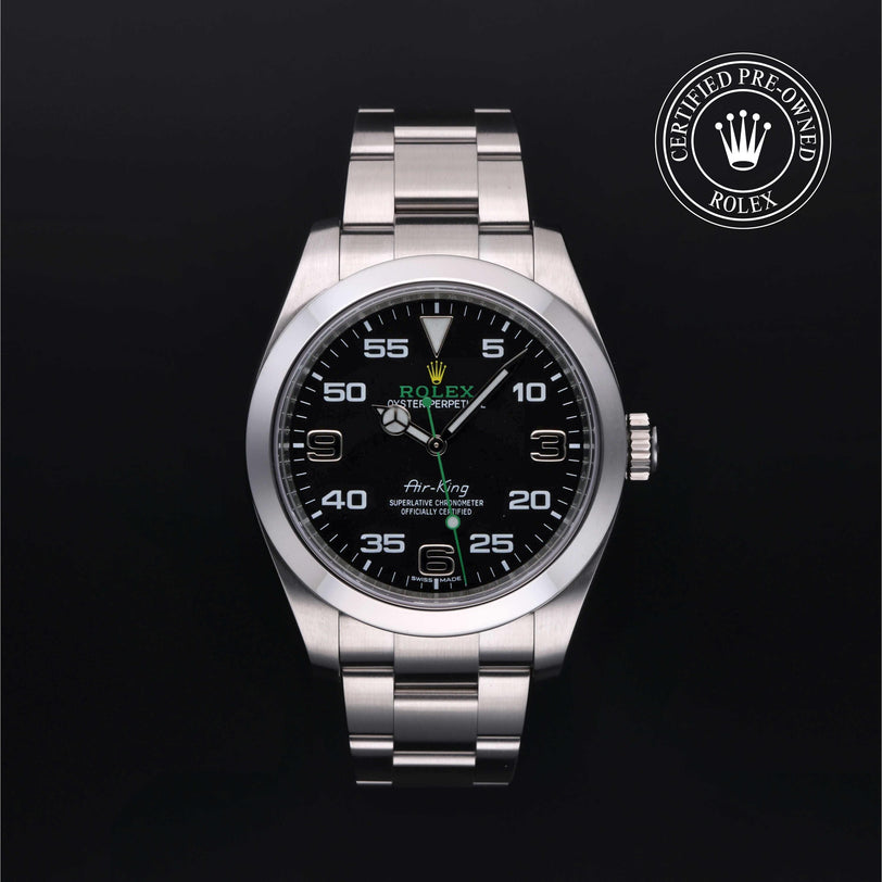 Rolex Certified Pre-owned Air-King M116900-0001 front on black background