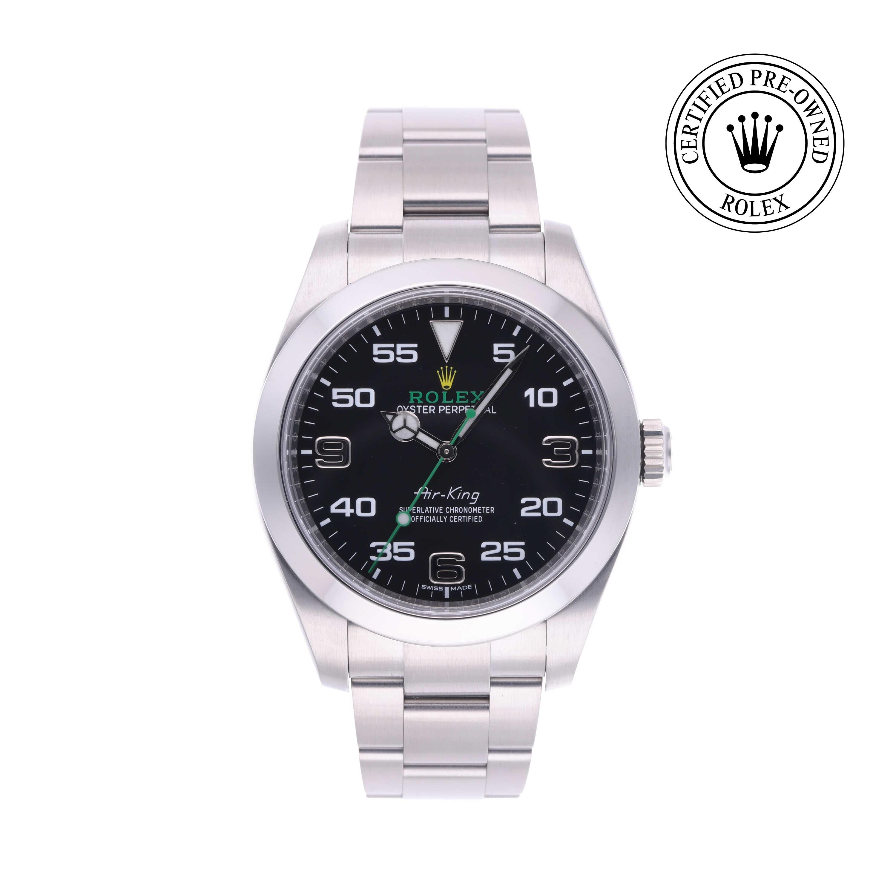 Rolex Certified Pre-owned Air-King M116900-0001 front on white background