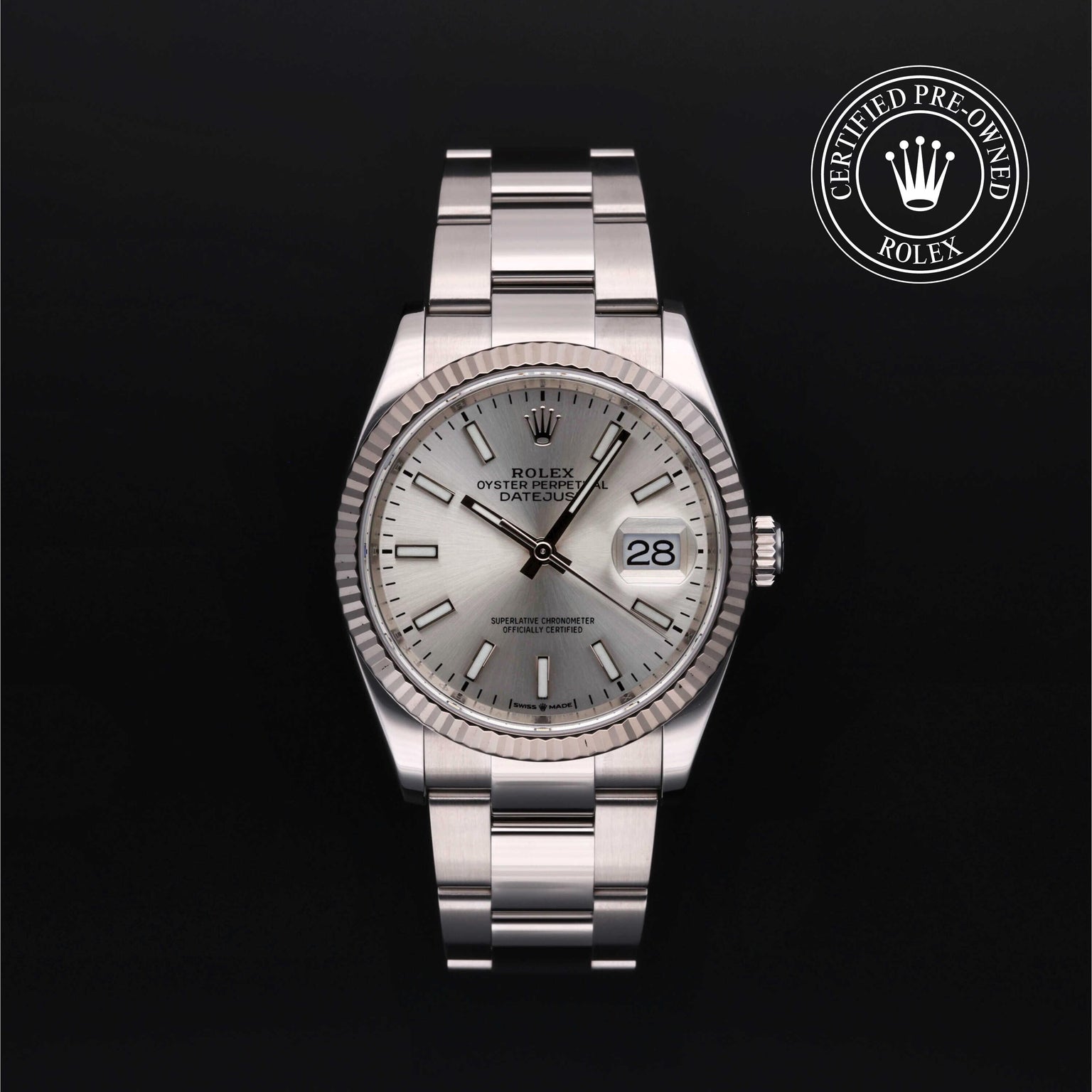 Rolex Certified Pre-owned Datejust M126234-0014 front on black background