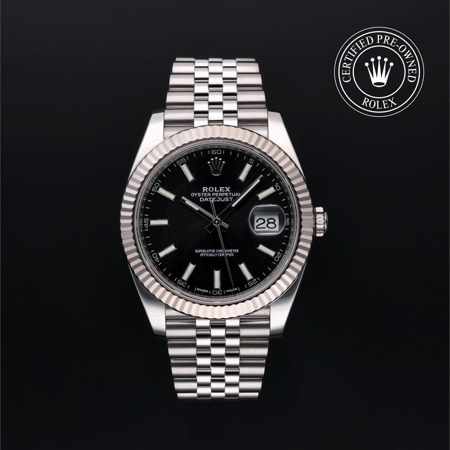 Rolex Certified Pre-owned Datejust M126334-0018 front on black background