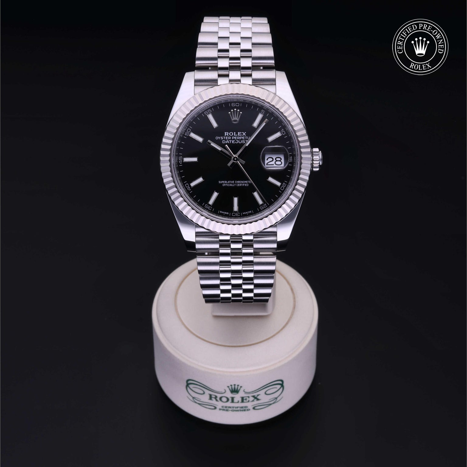 Rolex Certified Pre-owned Datejust M126334-0018 front on black background