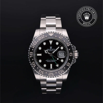 Rolex Certified Pre-owned GMT M116710LN-0001 front on black background