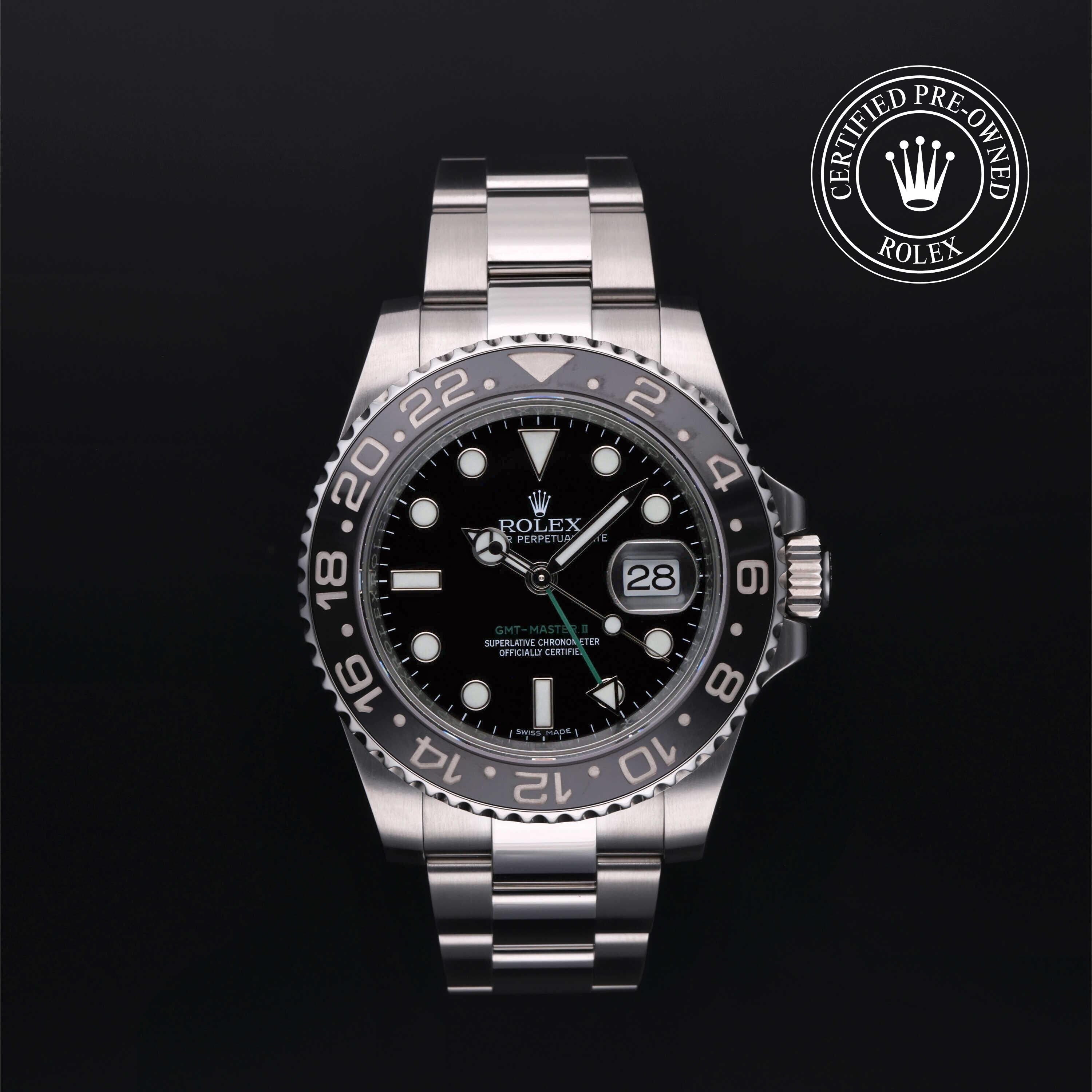 Rolex Certified Pre-owned GMT M116710LN-0001 front on black background