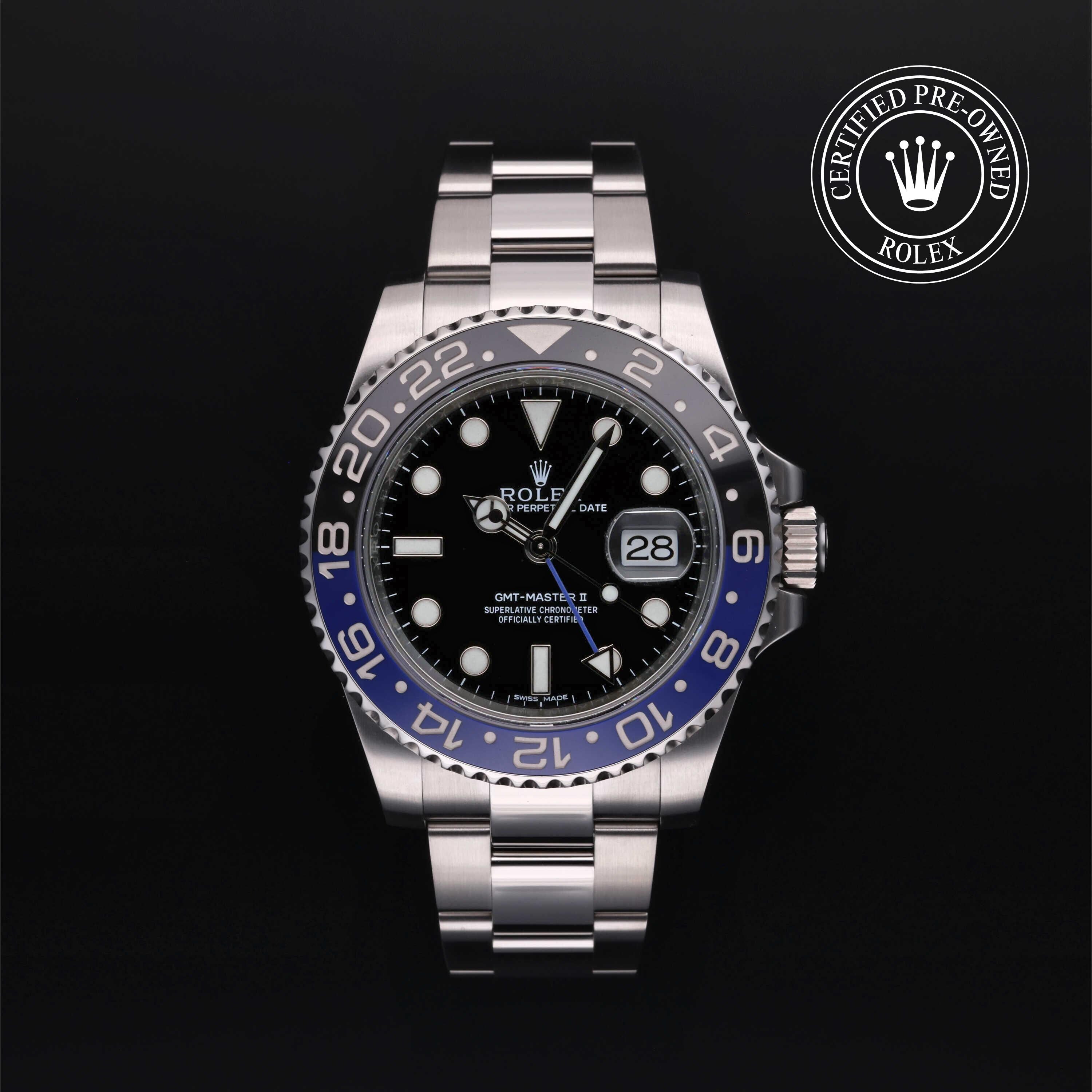 Rolex Certified Pre-owned GMT M116710BLNR-0002 front on black background